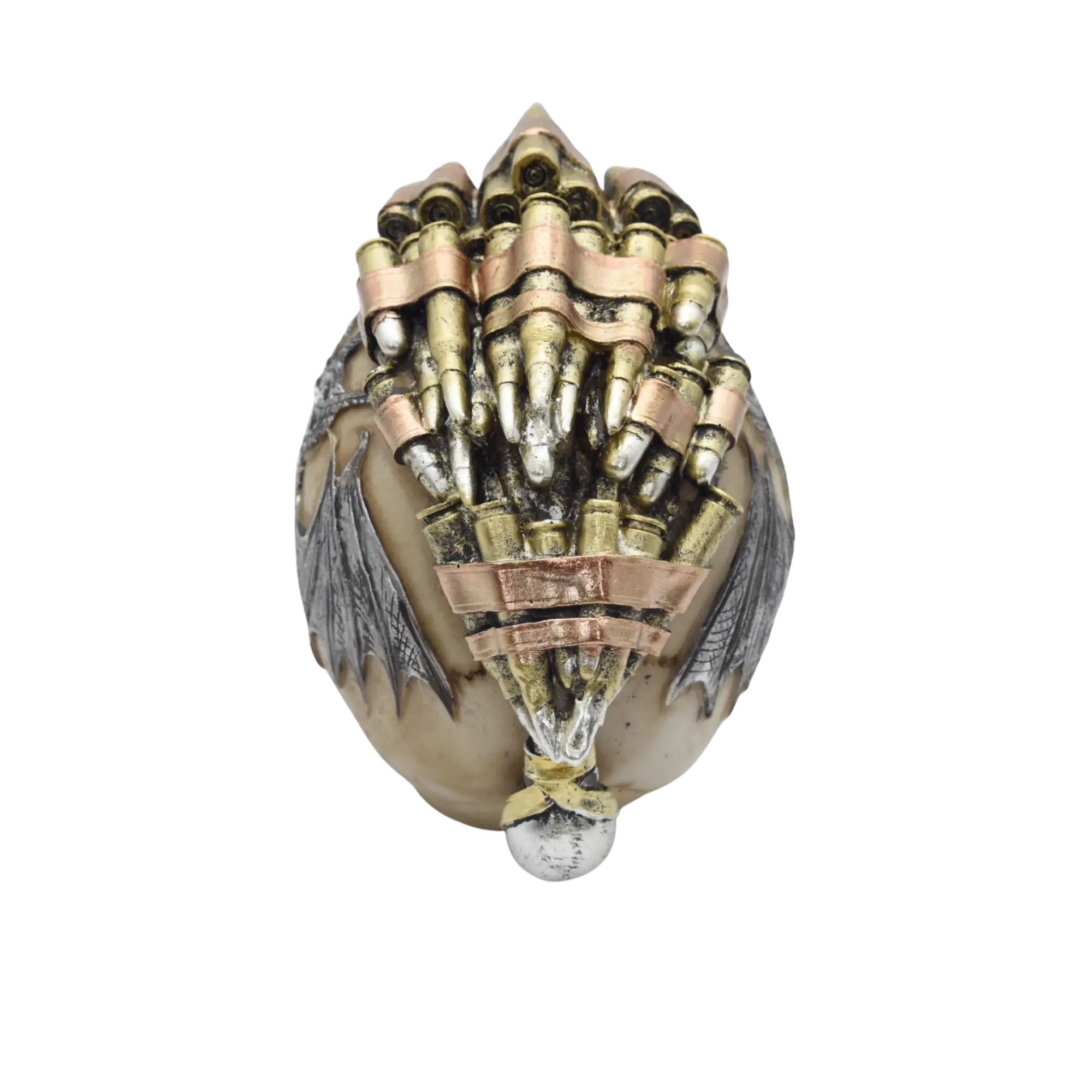 Verzierter Totenschädel aus Resin mit Zähnen und Irokesen aus Patronenhülsen – Bild 6