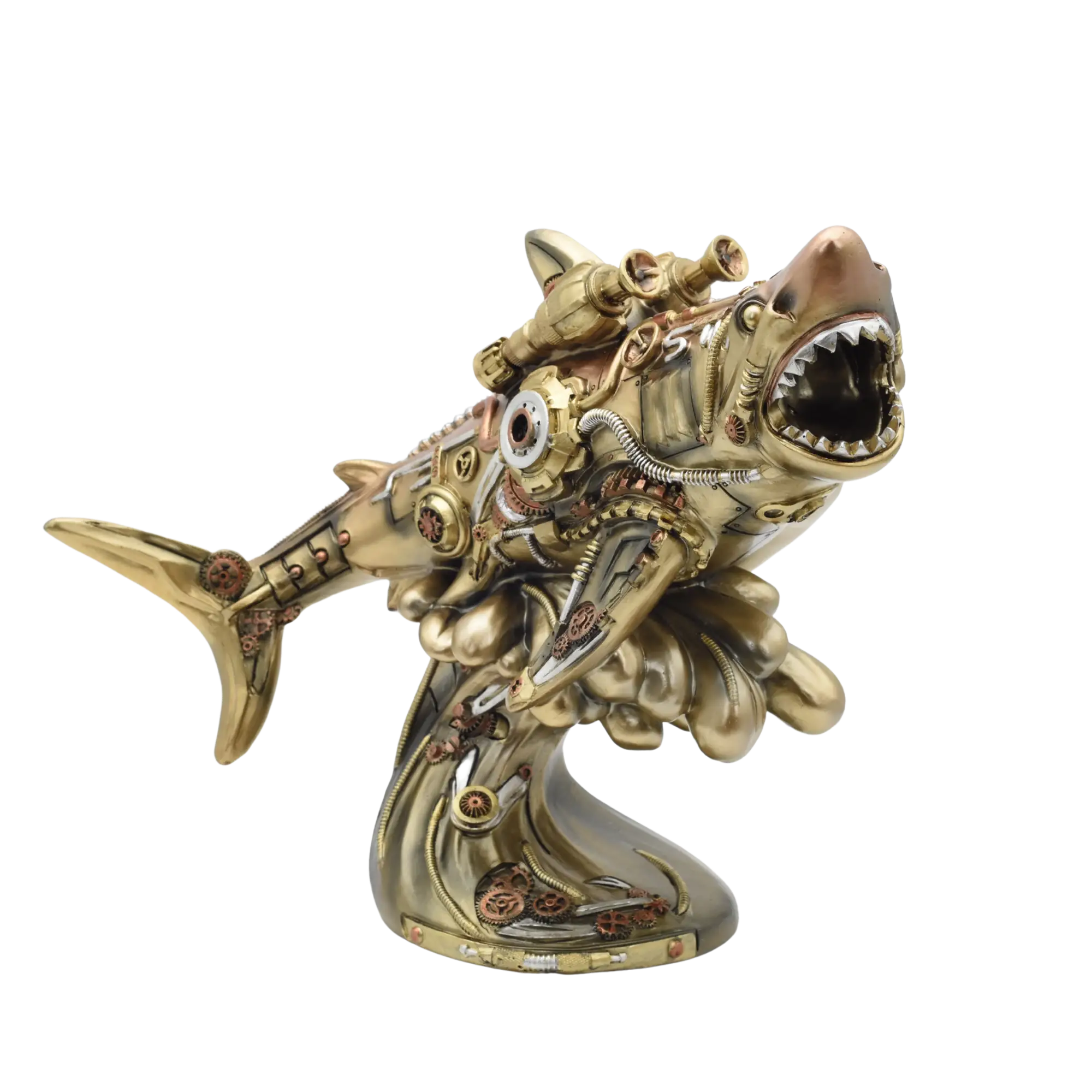 Steampunkhai aus Resin auf einer Welle