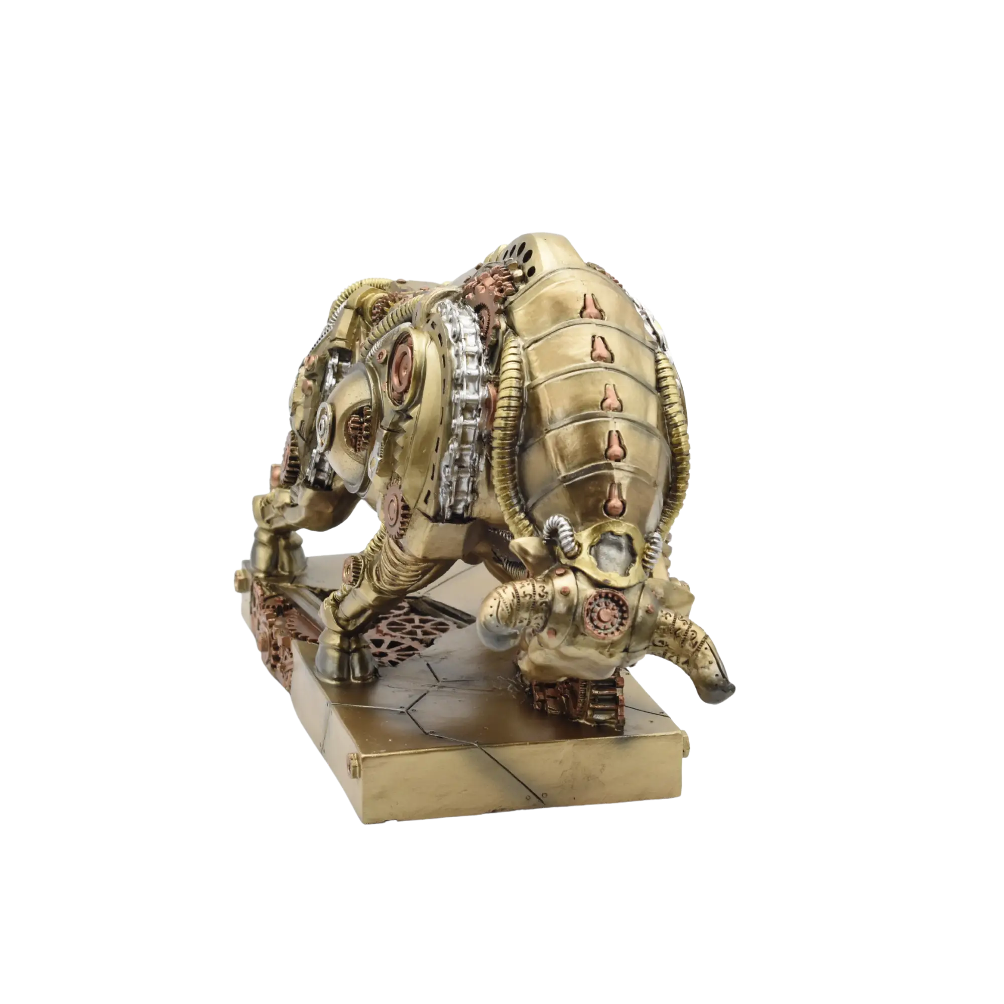 Steampunkstier mit gesenktem Haupt auf einem Sockel – Bild 11