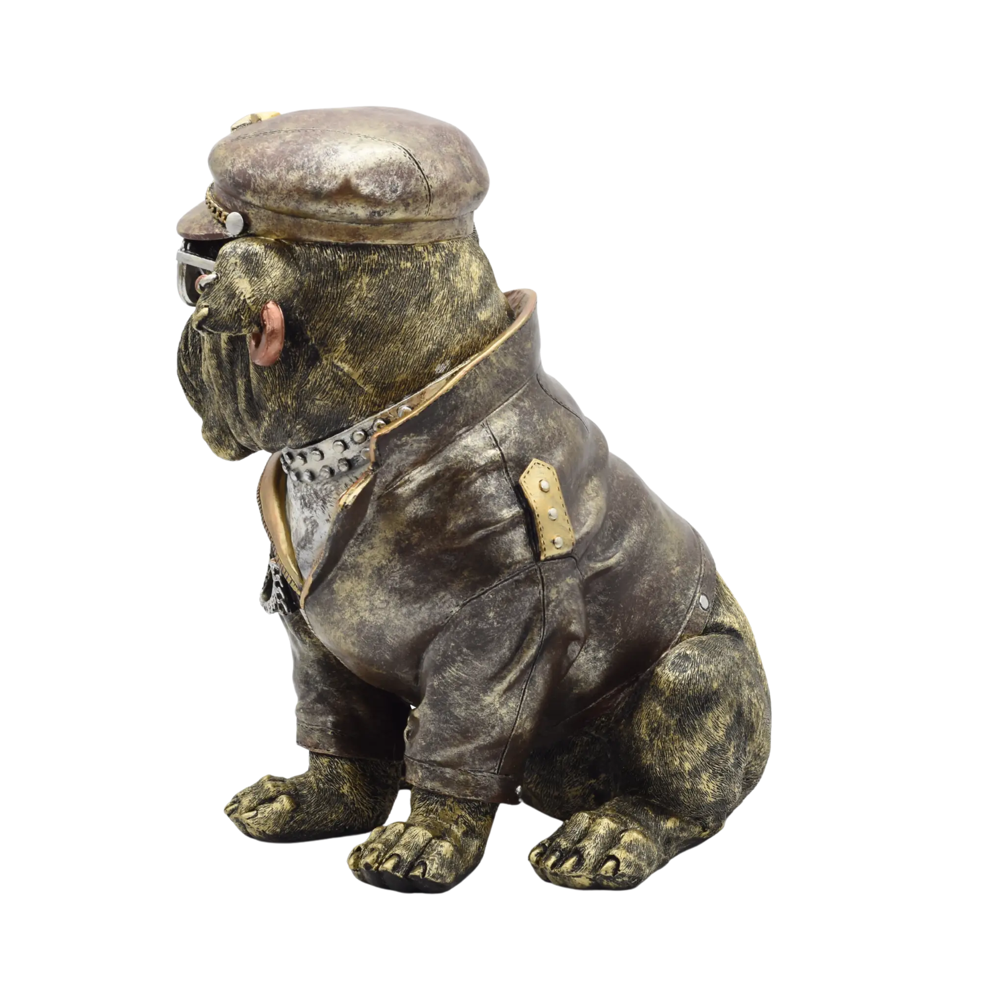 Sitzende Bulldogge aus Resin mit Lederjacke und Bikerkappe – Bild 6