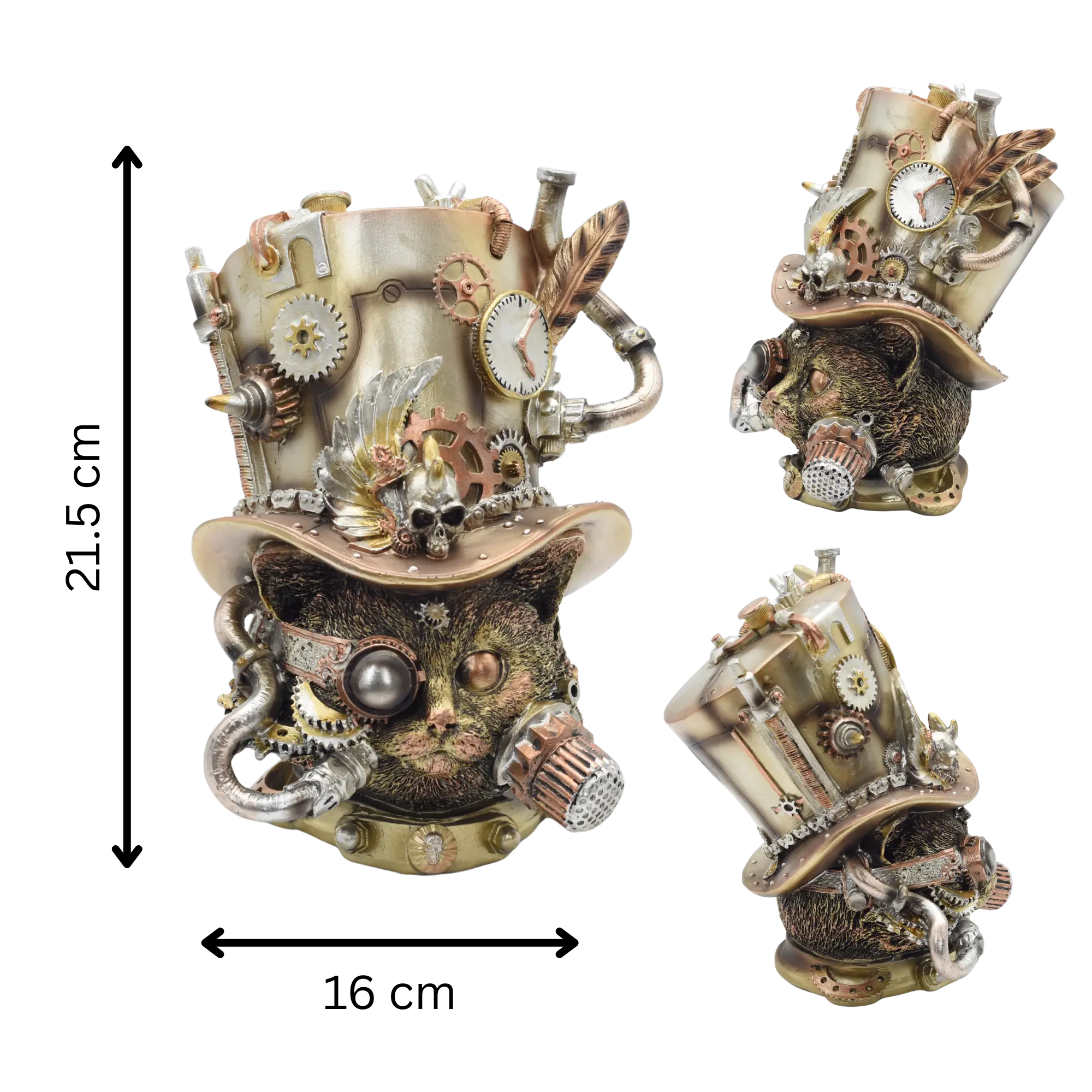 Eulenkopf aus Resin mit Zaubererhut voller Zahnräder, in Goldton – Bild 6