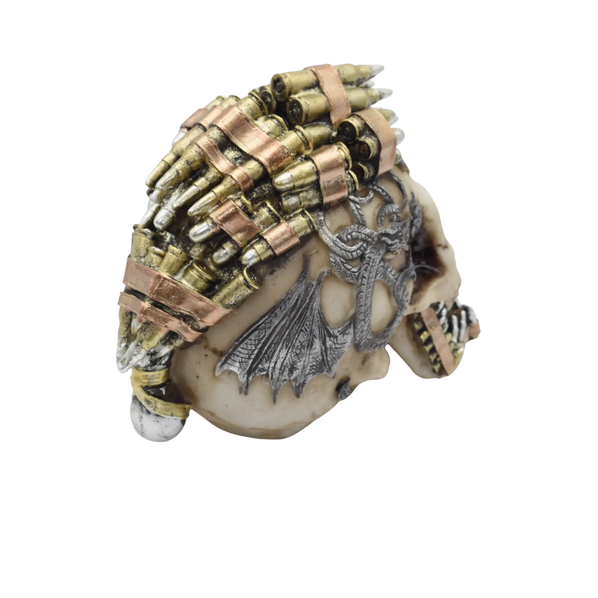 Verzierter Totenschädel aus Resin mit Zähnen und Irokesen aus Patronenhülsen – Bild 8