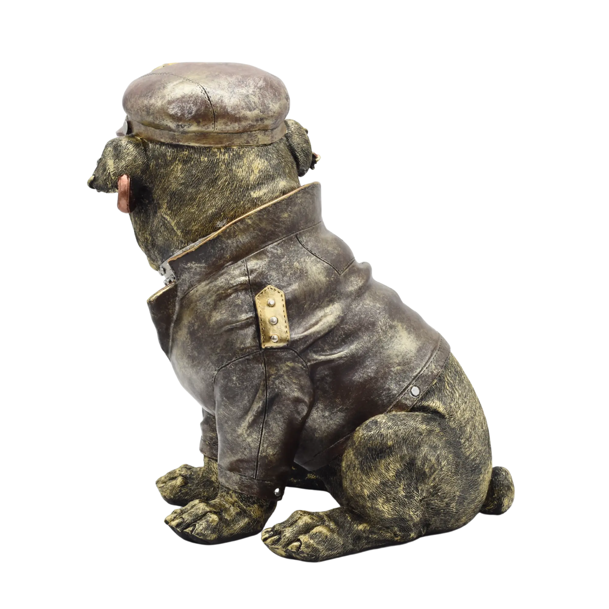 Sitzende Bulldogge aus Resin mit Lederjacke und Bikerkappe – Bild 7