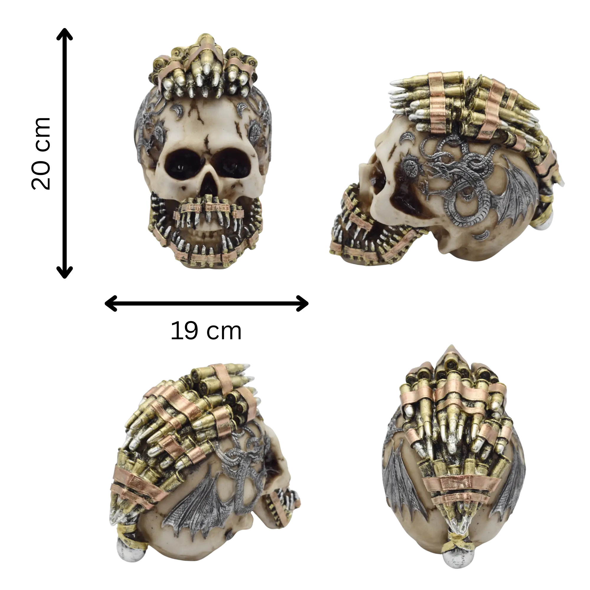 Verzierter Totenschädel aus Resin mit Zähnen und Irokesen aus Patronenhülsen – Bild 7