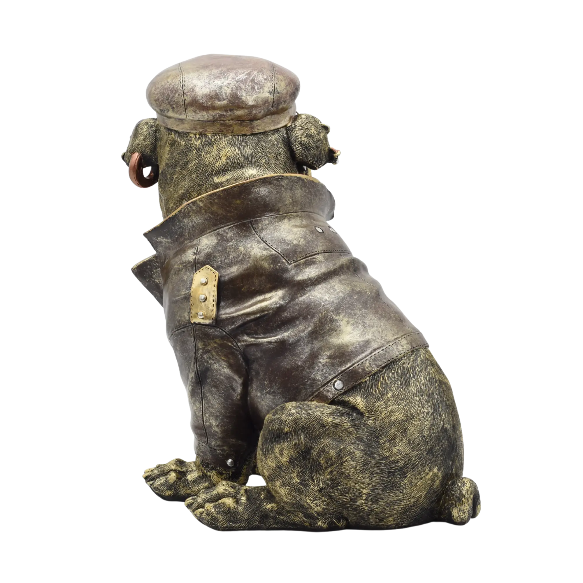 Sitzende Bulldogge aus Resin mit Lederjacke und Bikerkappe – Bild 8