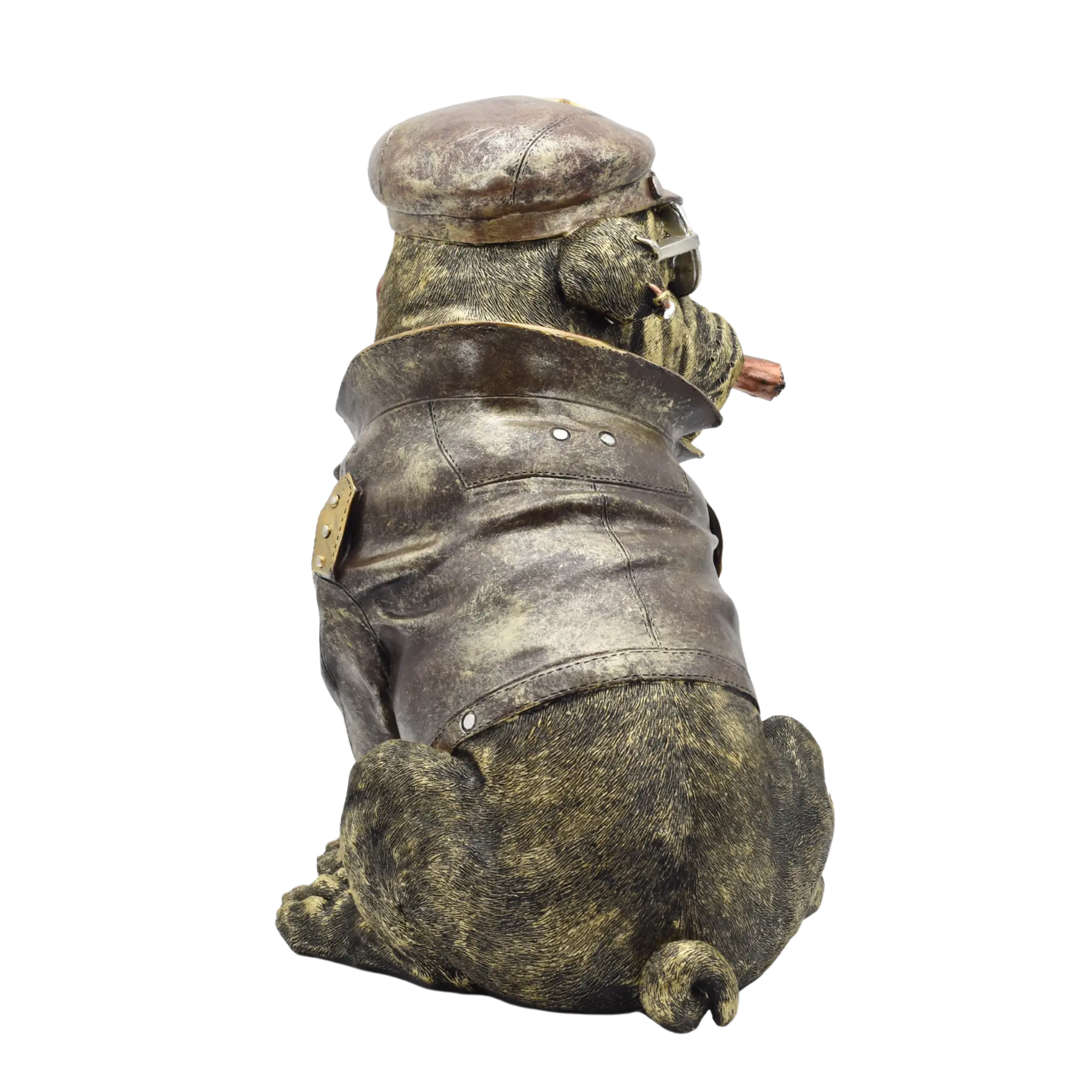 Sitzende Bulldogge aus Resin mit Lederjacke und Bikerkappe – Bild 9