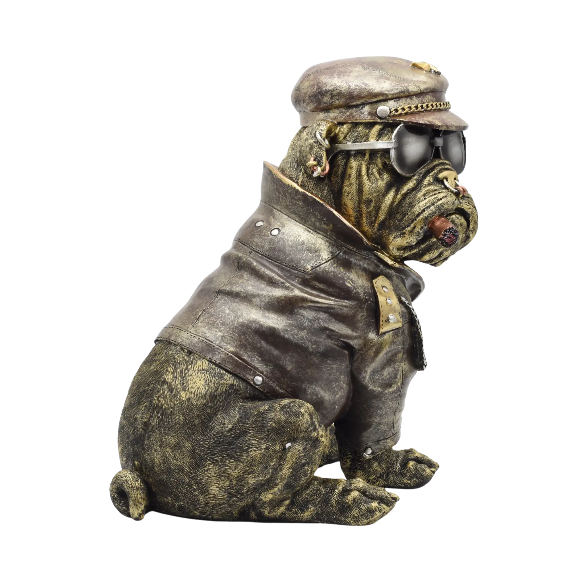 Sitzende Bulldogge aus Resin mit Lederjacke und Bikerkappe – Bild 10
