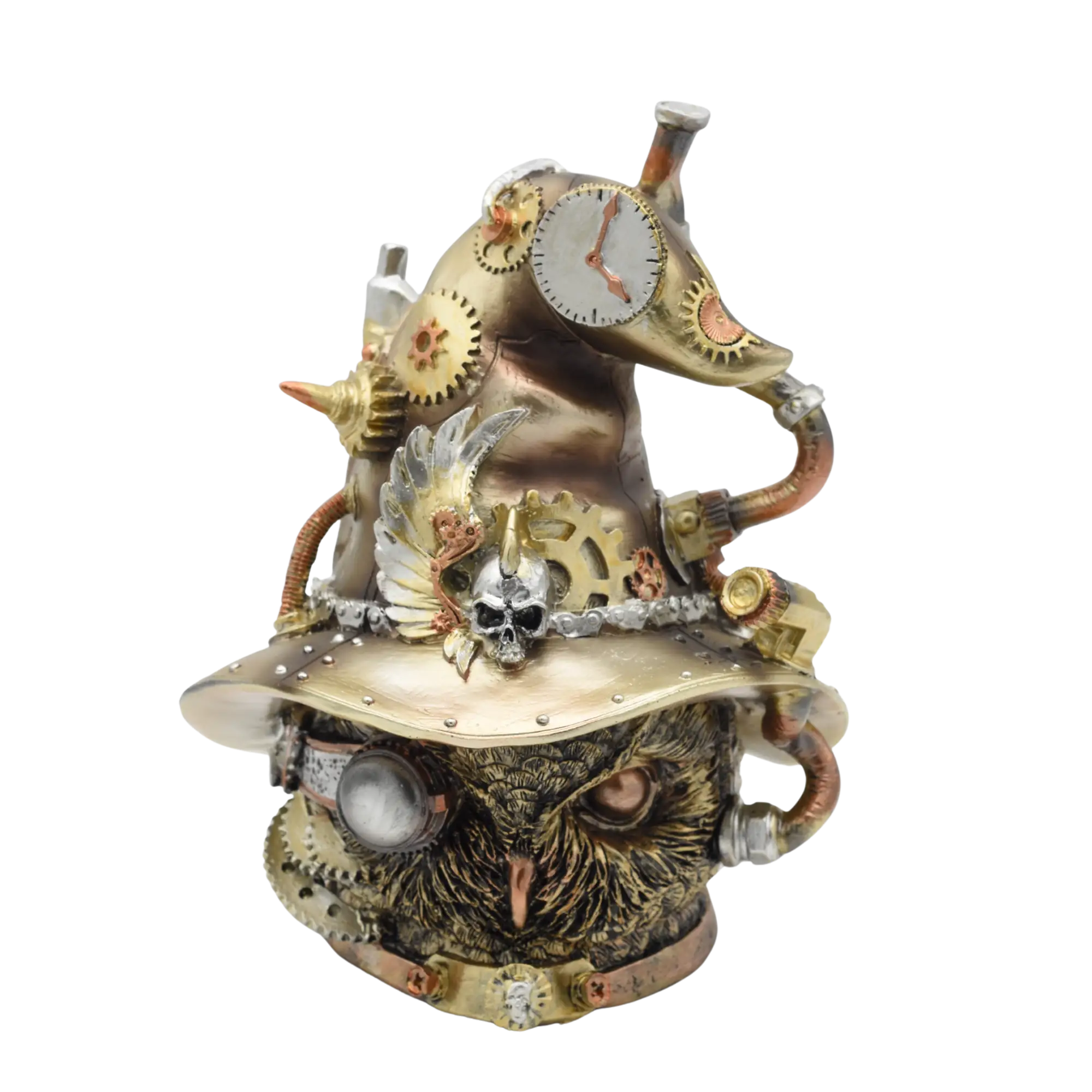 Eulenkopf aus Resin mit Zaubererhut voller Zahnräder, in Goldton