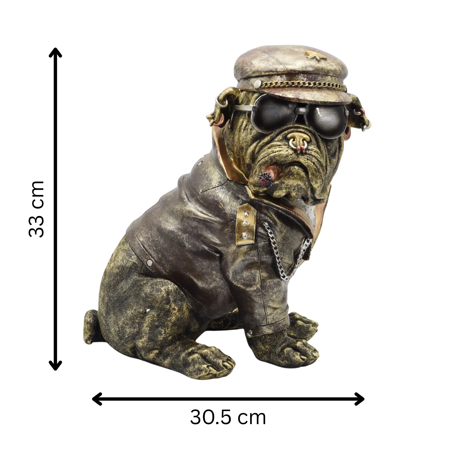 Sitzende Bulldogge aus Resin mit Lederjacke und Bikerkappe – Bild 11