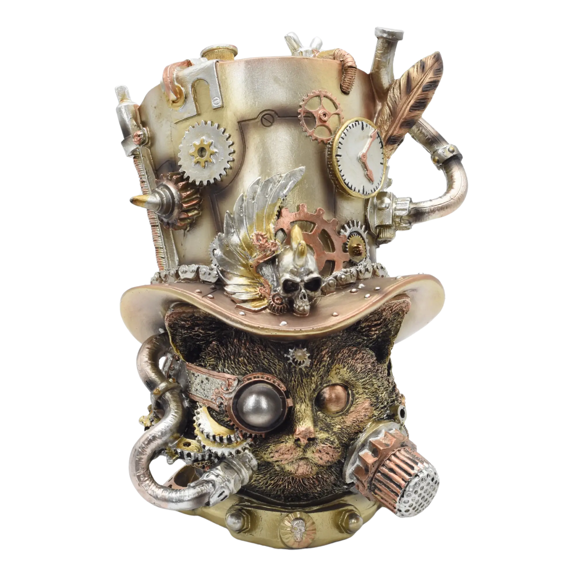 Katzenkopf aus Resin mit einem Zylinder voller Zahnräder