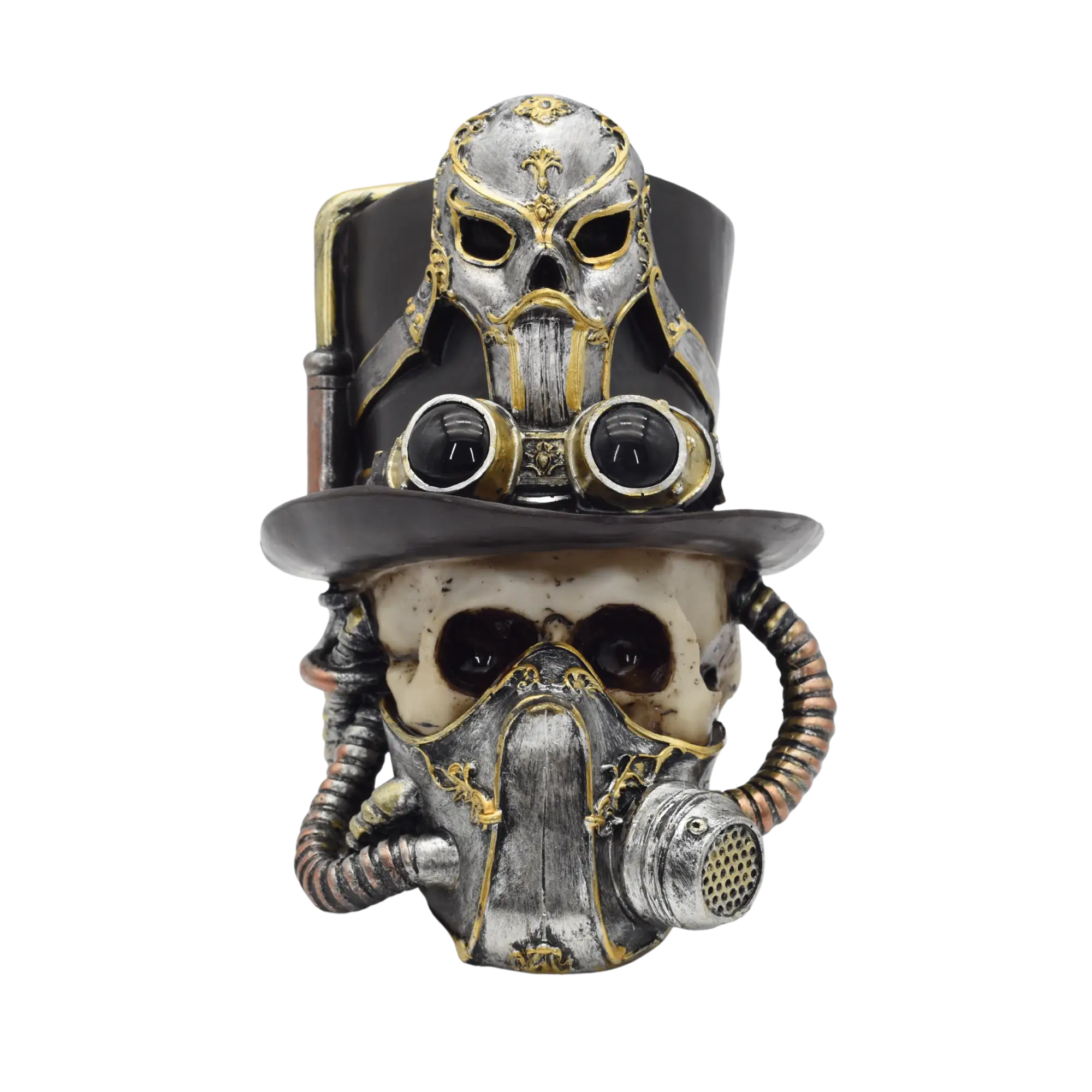 Totenschädel aus Resin mit Gasmaske und Zylinder