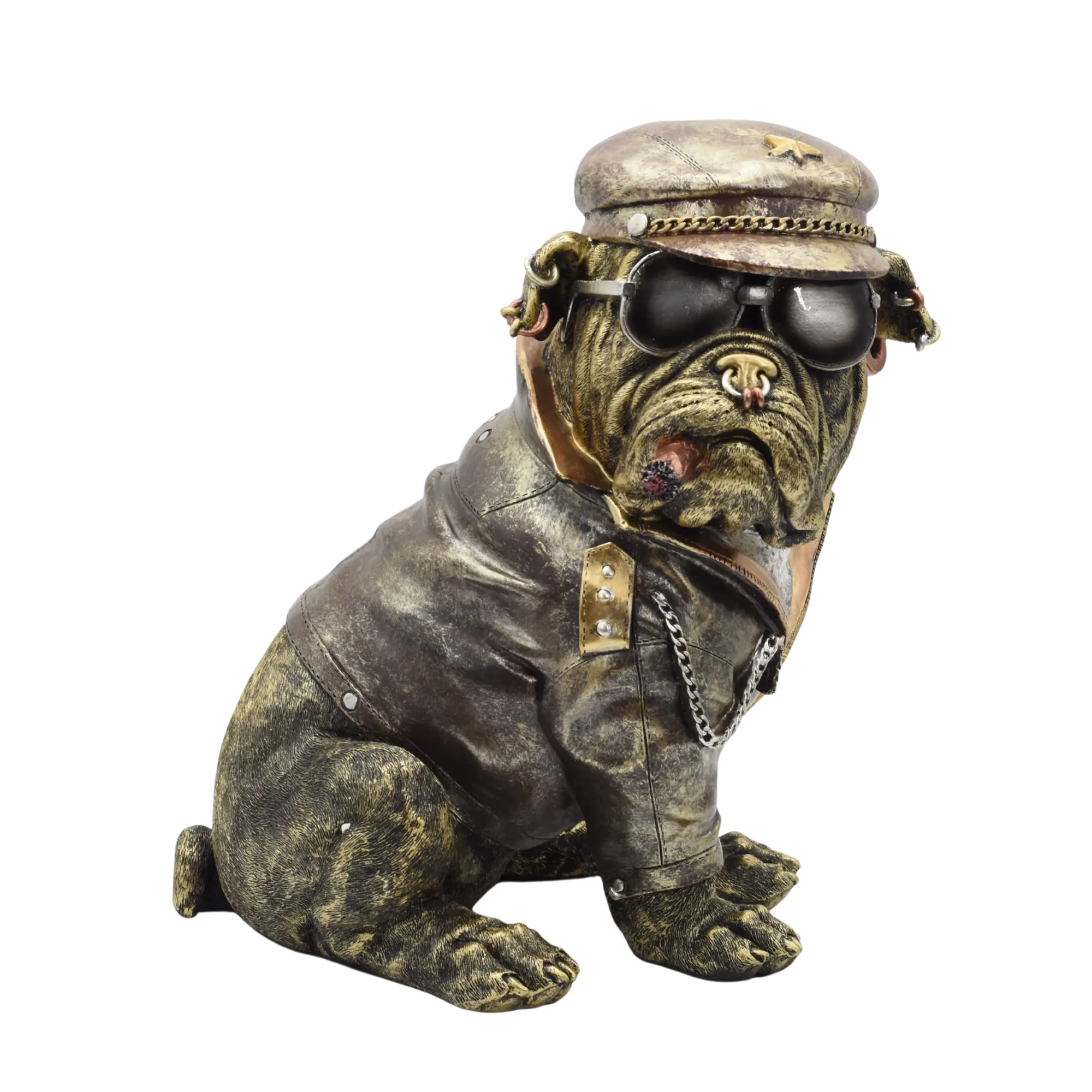 Sitzende Bulldogge aus Resin mit Lederjacke und Bikerkappe