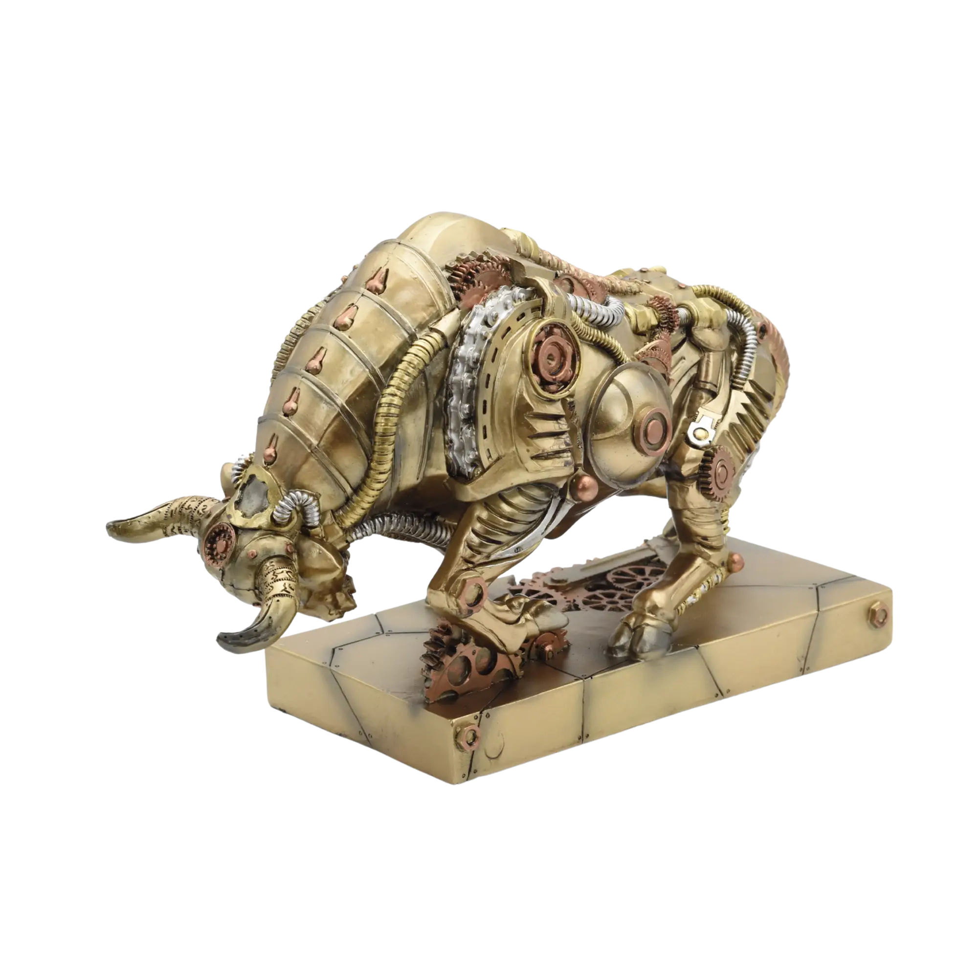 Steampunkstier mit gesenktem Haupt auf einem Sockel – Bild 6