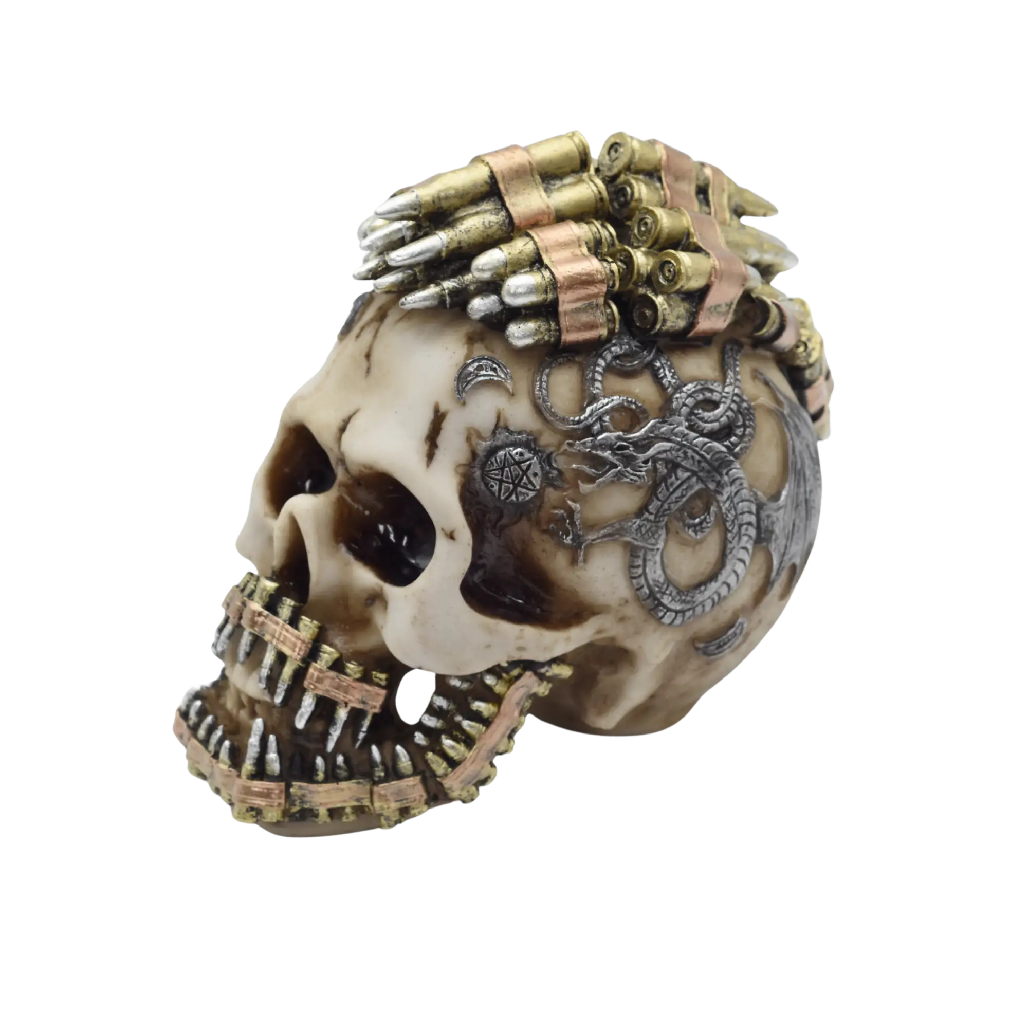 Verzierter Totenschädel aus Resin mit Zähnen und Irokesen aus Patronenhülsen – Bild 4