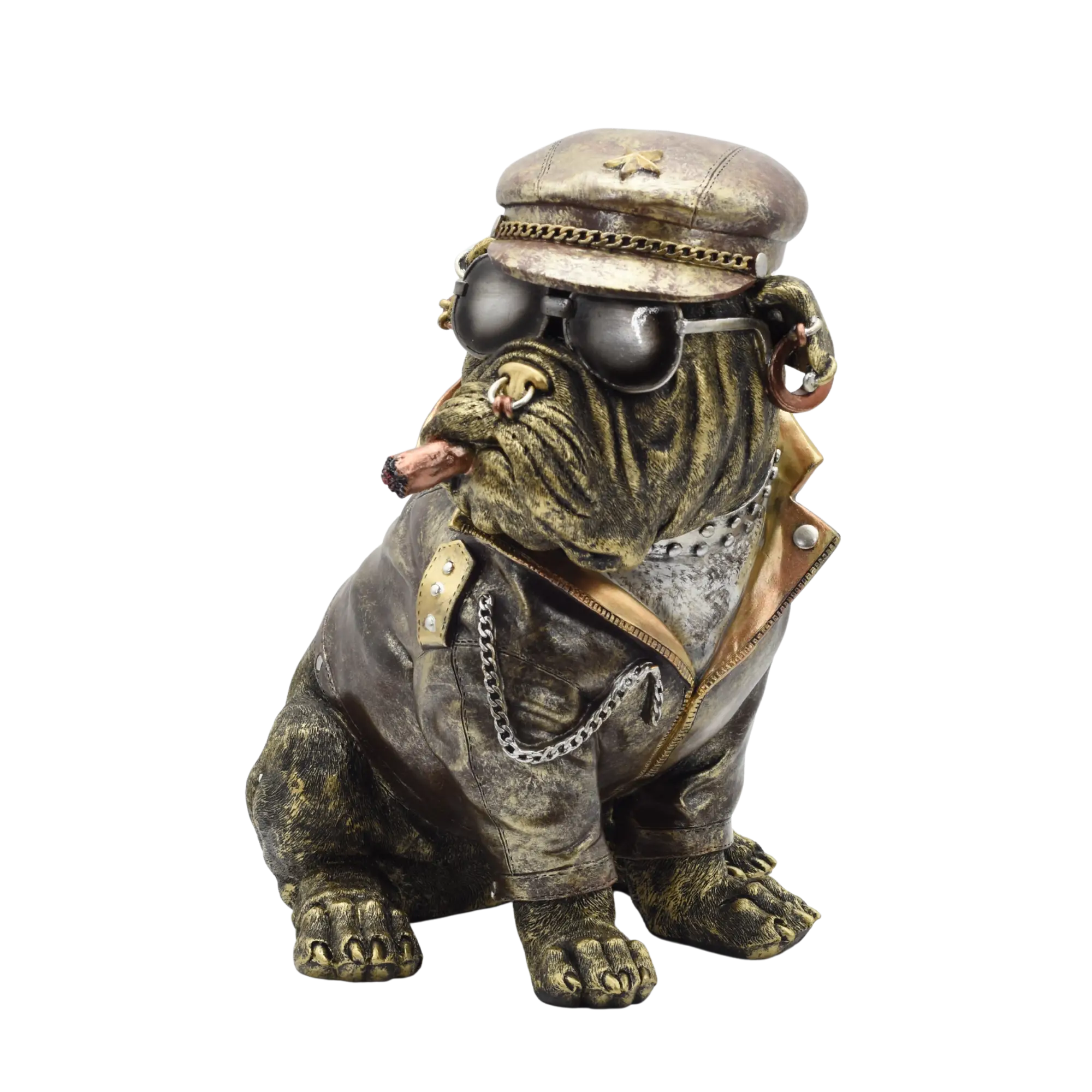 Sitzende Bulldogge aus Resin mit Lederjacke und Bikerkappe – Bild 4