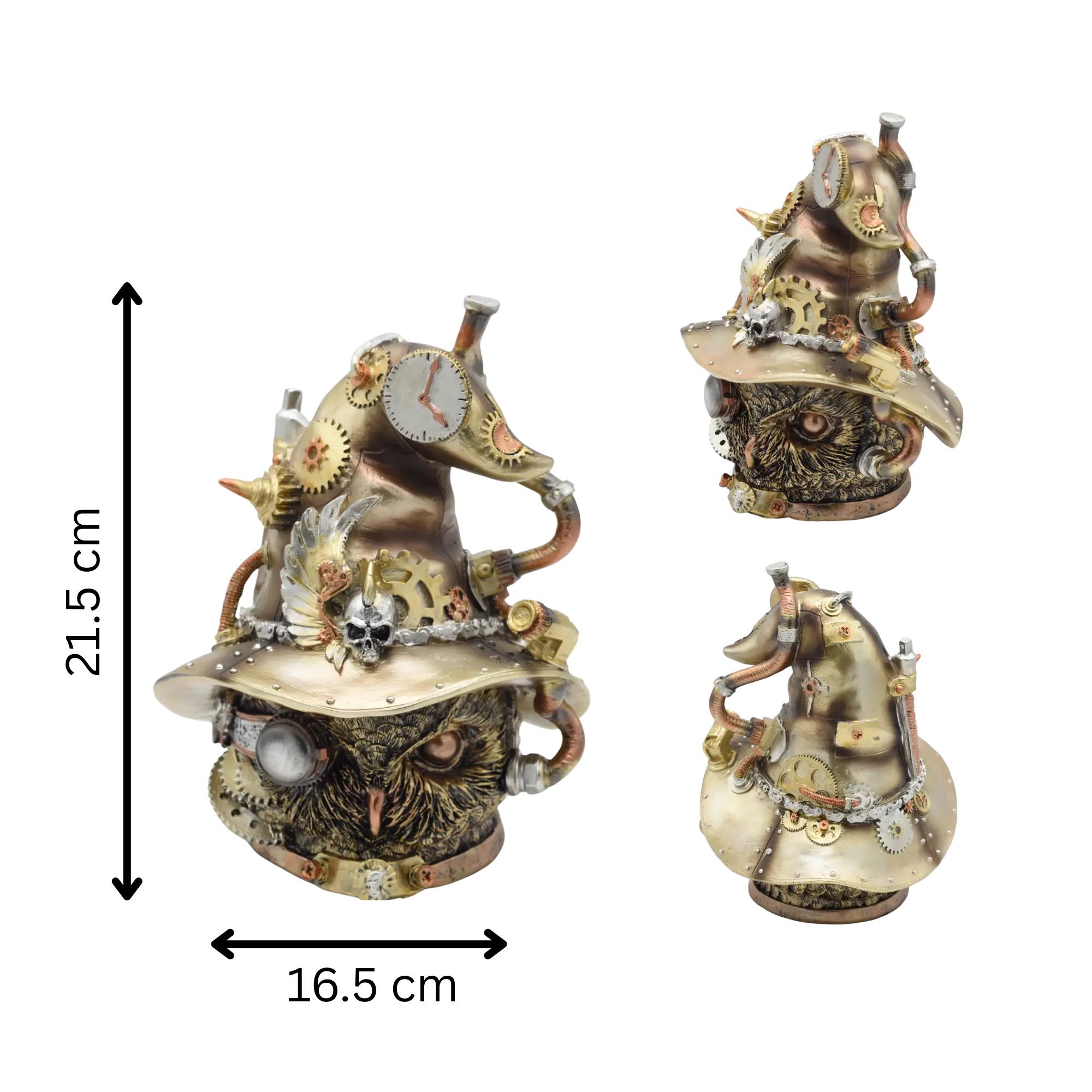 Eulenkopf aus Resin mit Zaubererhut voller Zahnräder, in Goldton – Bild 5