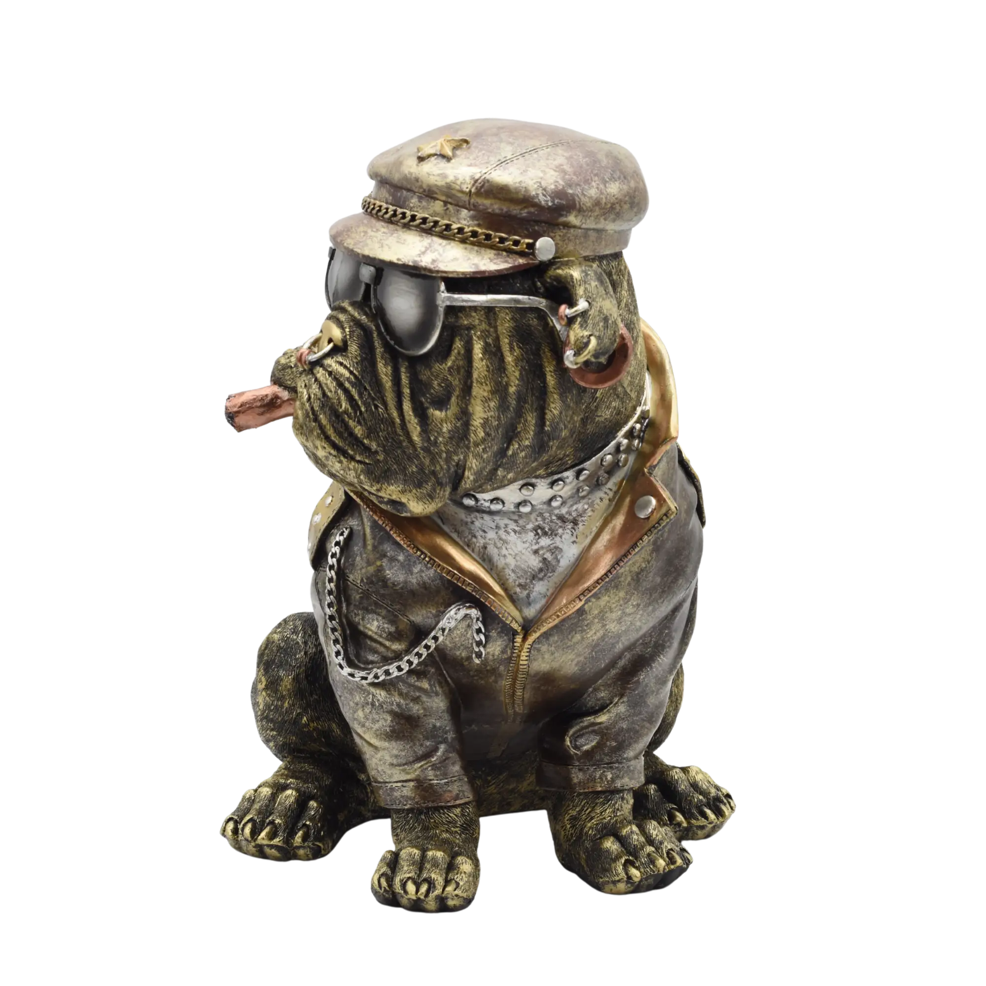 Sitzende Bulldogge aus Resin mit Lederjacke und Bikerkappe – Bild 5