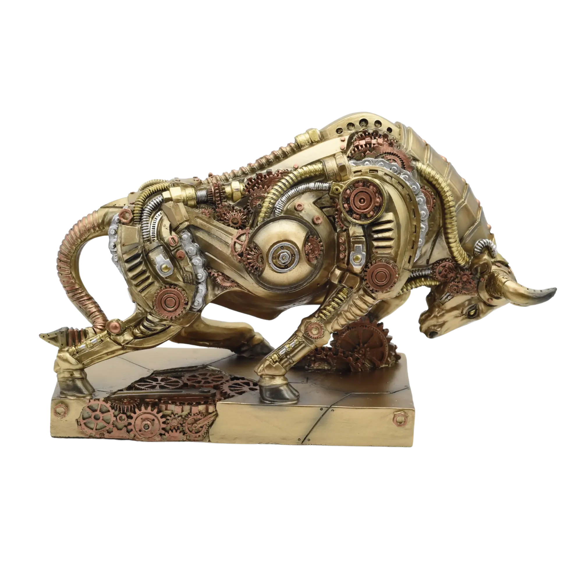 Steampunkstier mit gesenktem Haupt auf einem Sockel