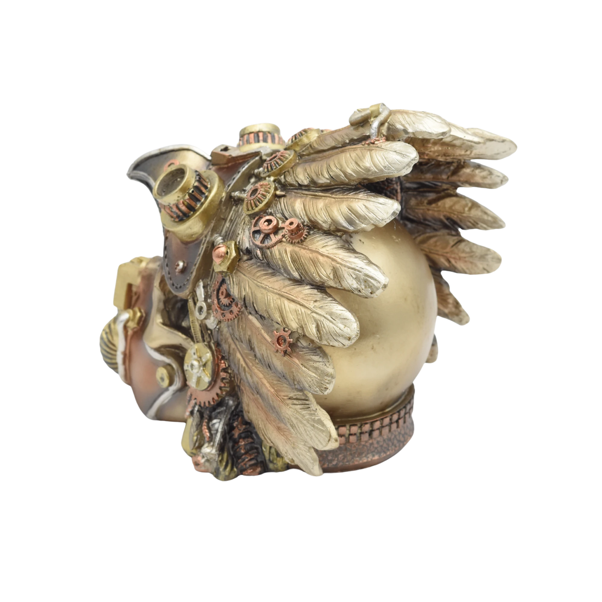 Totenschädel aus Resin mit Gasmaske und Häuptlingsschmuck – Bild 4