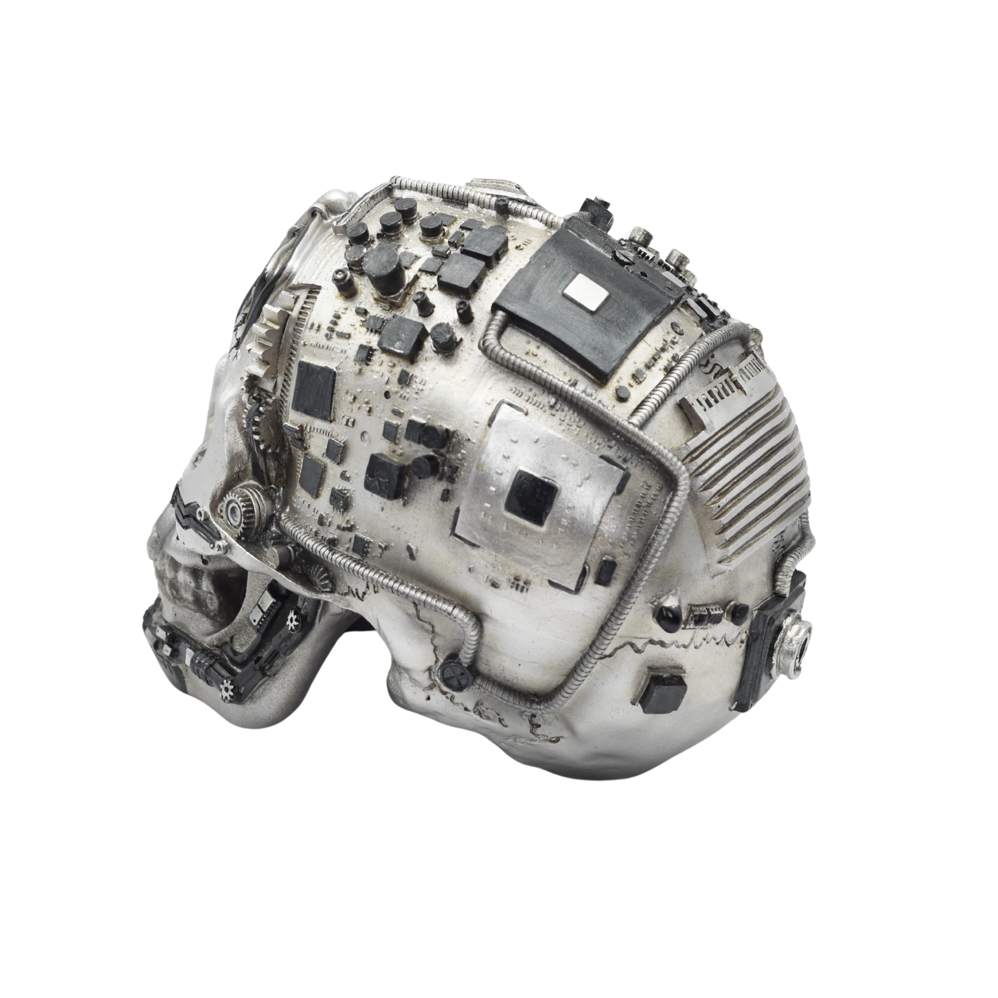 Silberner Totenschädel aus Resin mit Zahnrädern – Bild 4