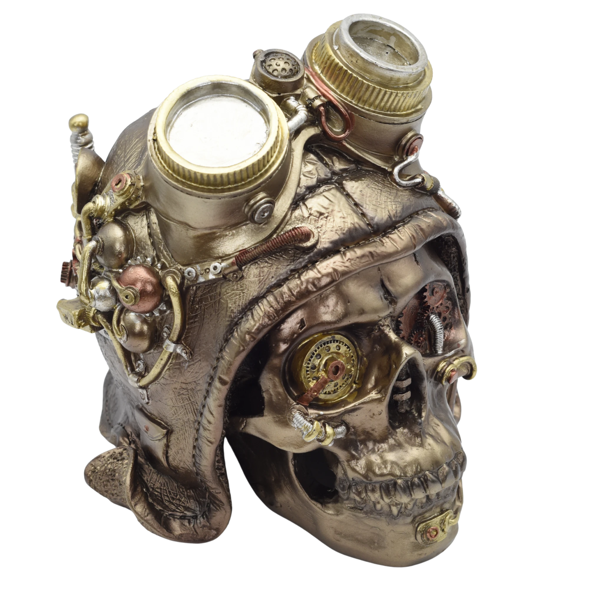 Totenschädel mit Fliegerkappe aus Resin und Zahnradaugen
