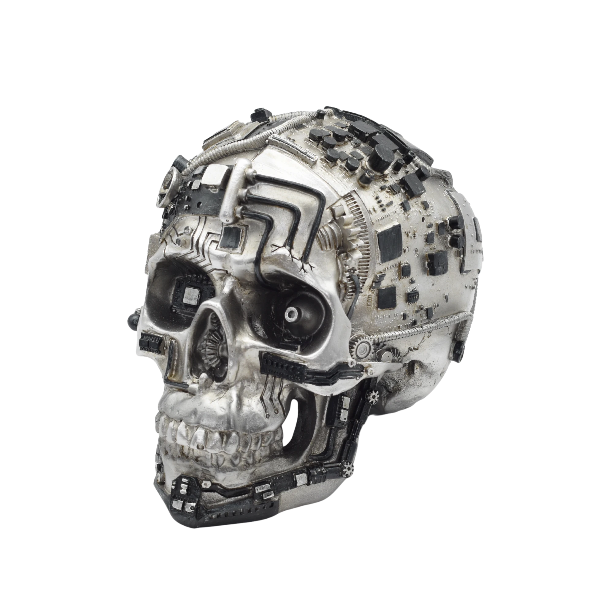 Silberner Totenschädel aus Resin mit Zahnrädern