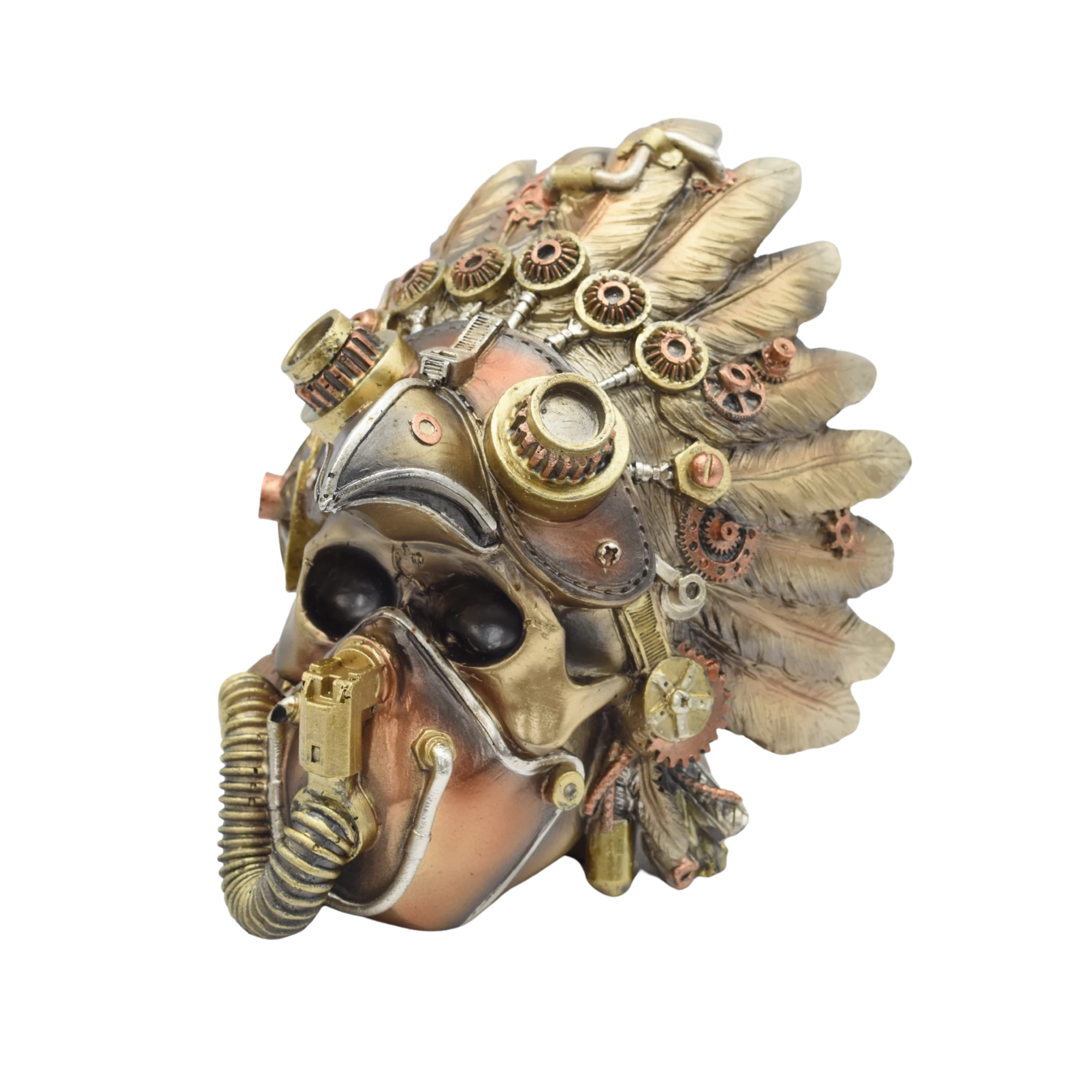 Totenschädel aus Resin mit Gasmaske und Häuptlingsschmuck