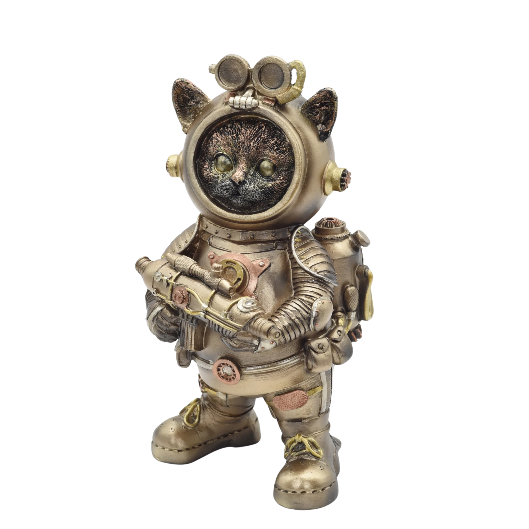 Steampunkkatze aus Resin im Raumanzug mit Waffe
