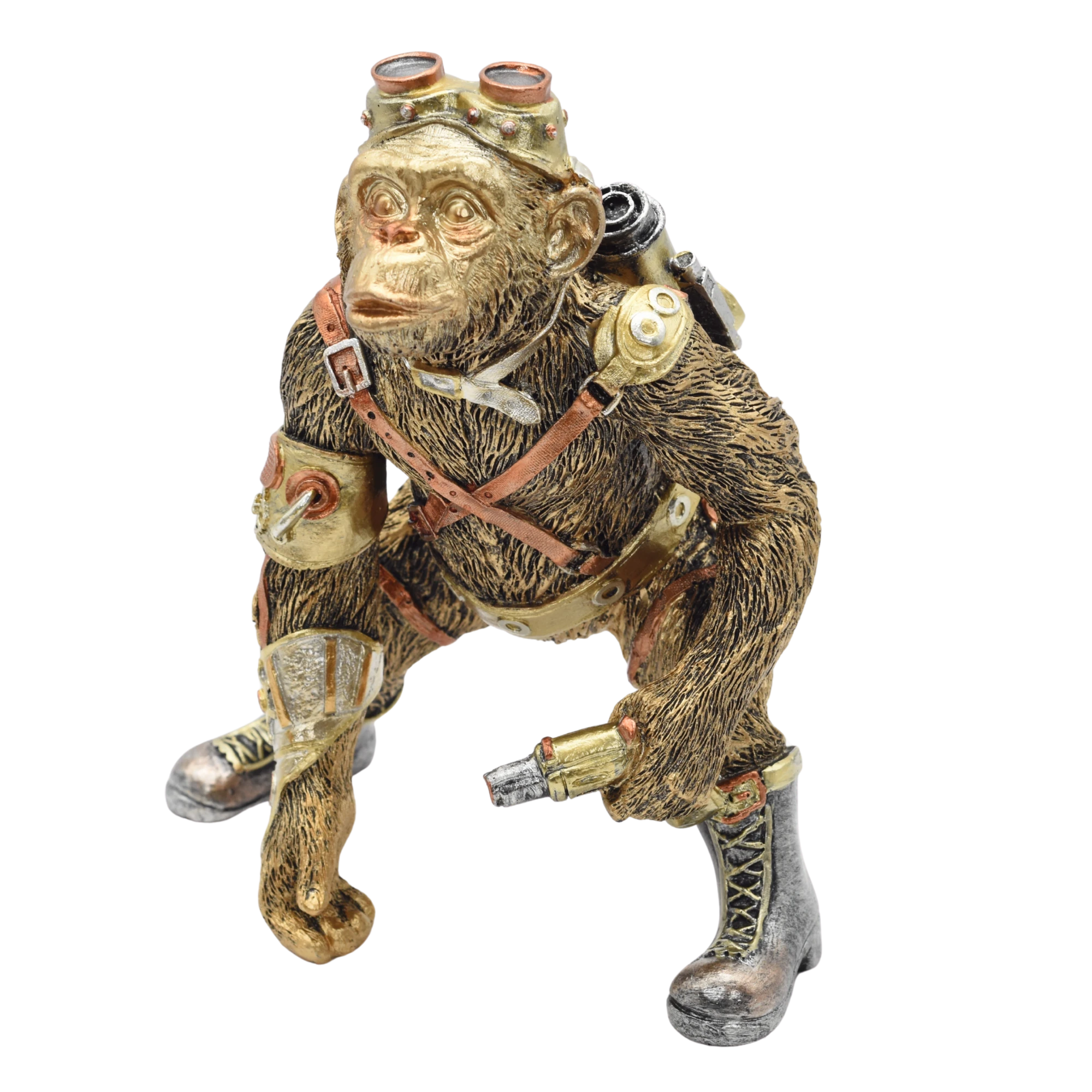 Steampunkschimpanse aus Resin mit Stiefeln und Waffe