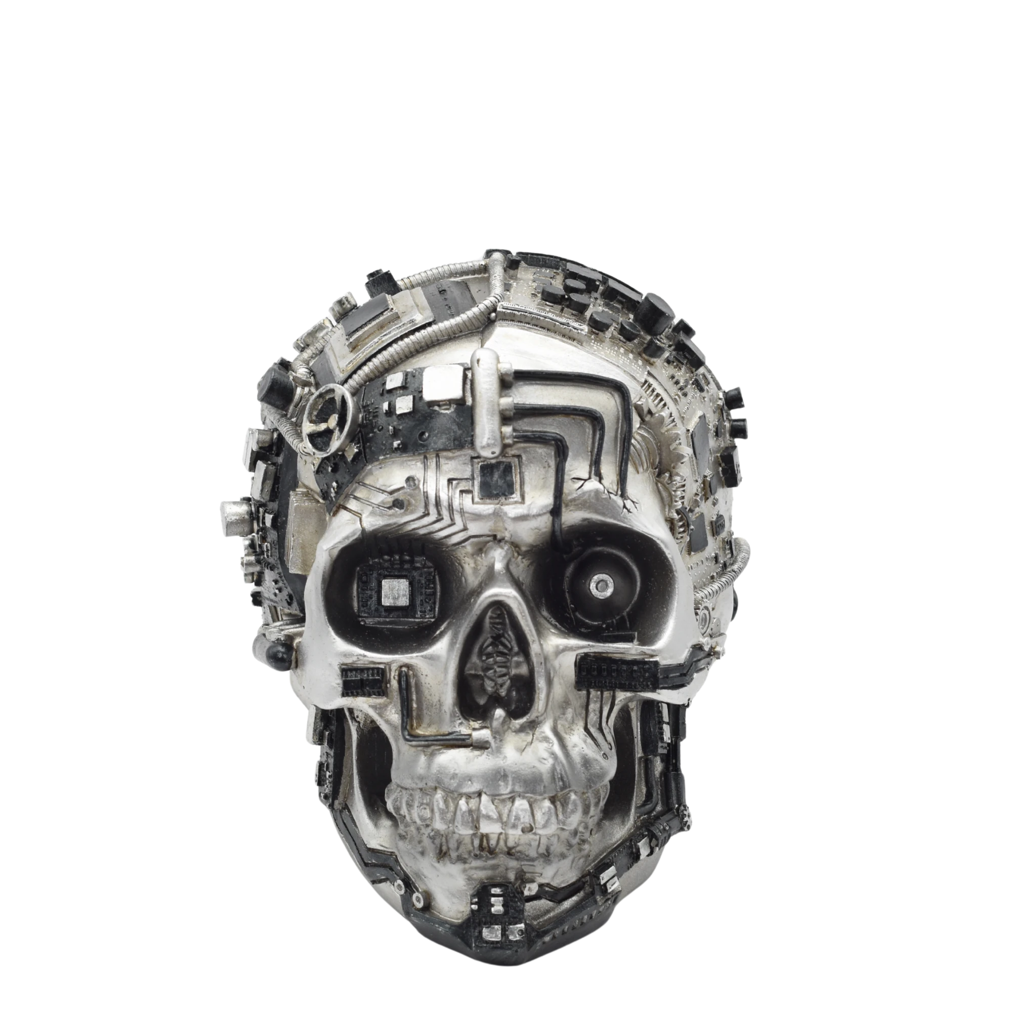 Silberner Totenschädel aus Resin mit Zahnrädern – Bild 2