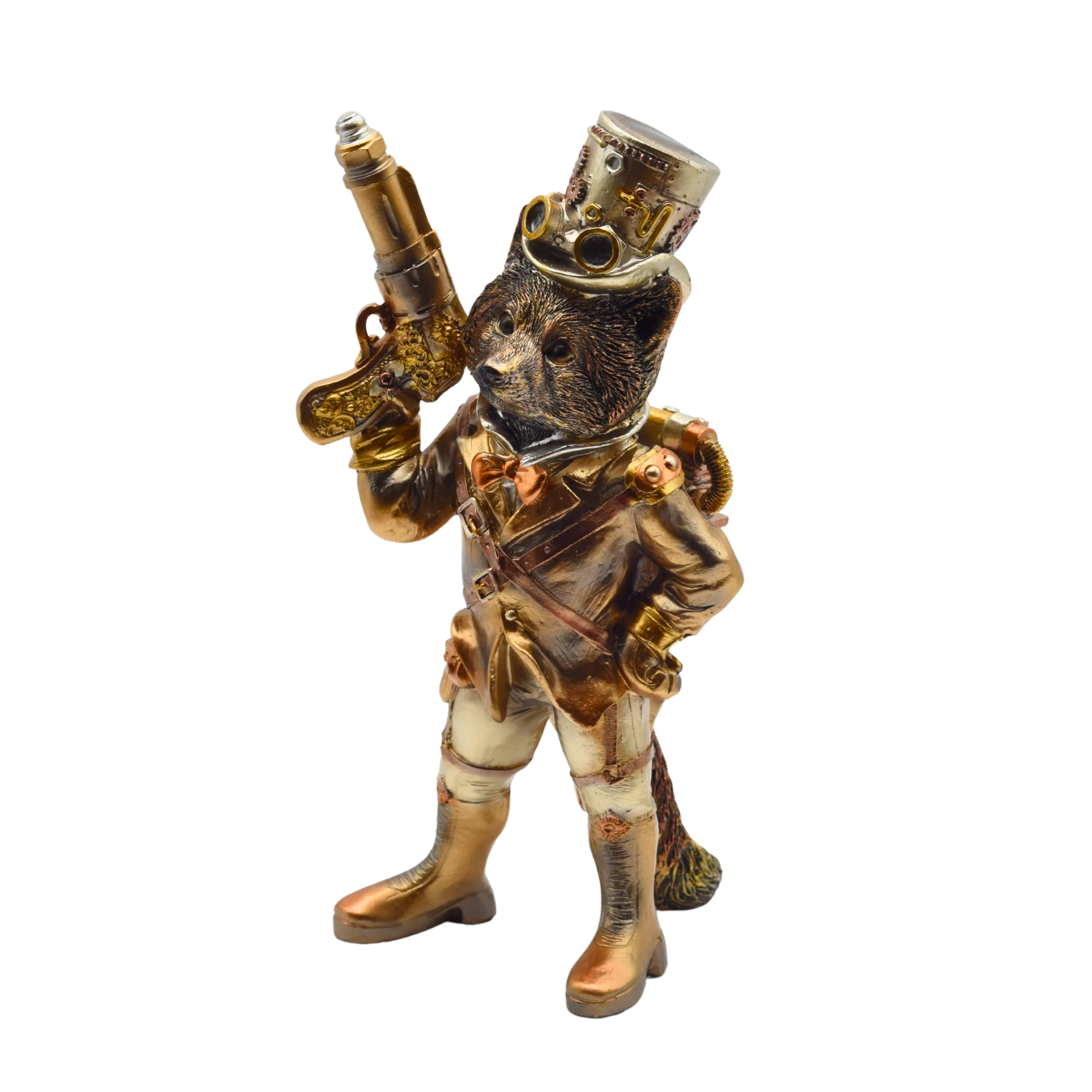 Steampunkfuchs aus Resin mit Revolver und Zylinder