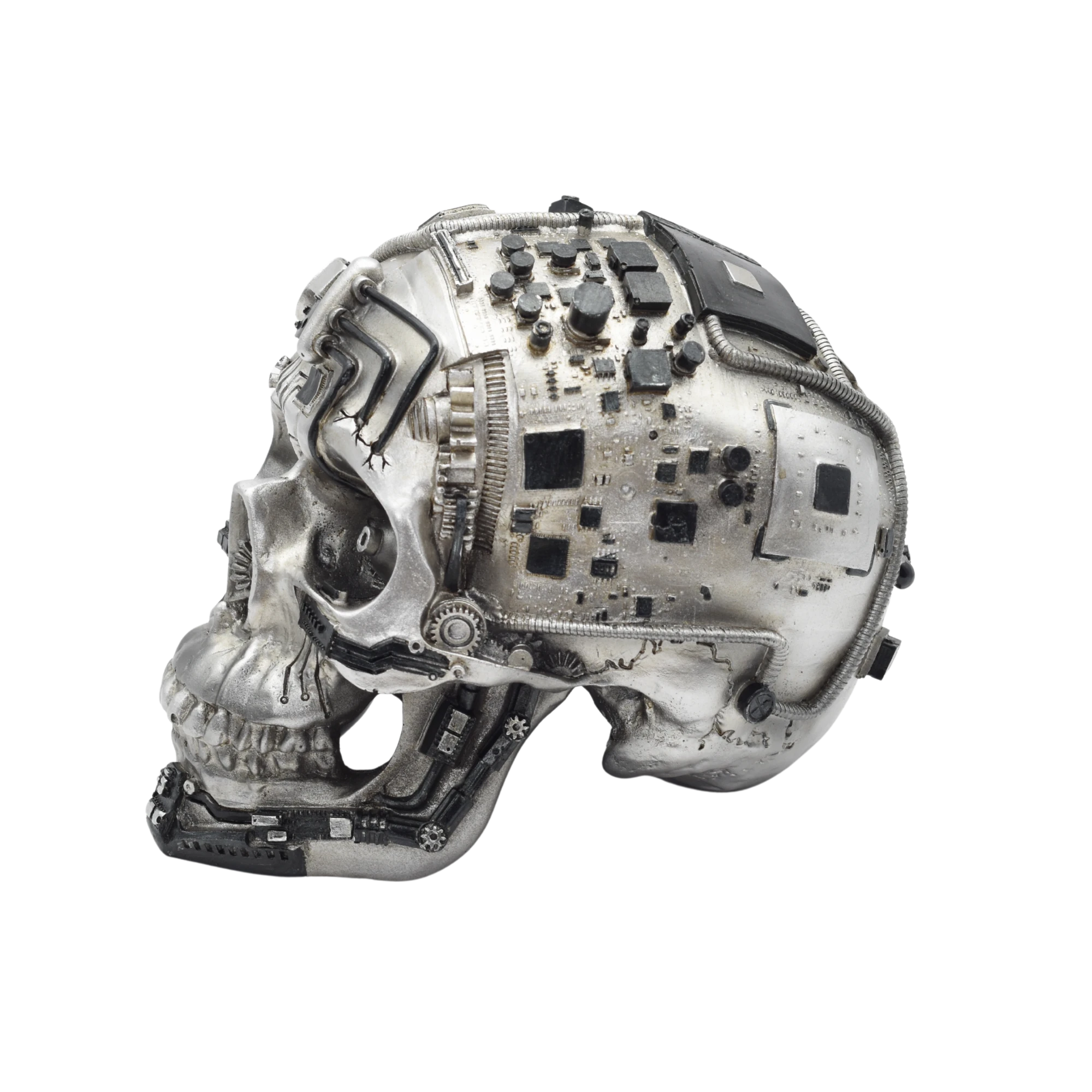 Silberner Totenschädel aus Resin mit Zahnrädern – Bild 3