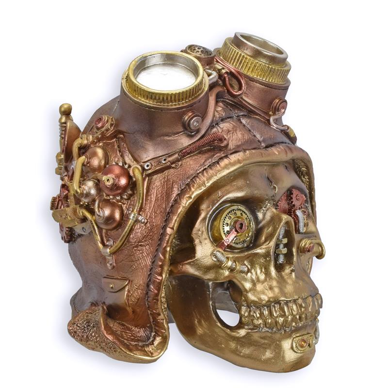 Goldener Steampunkschädel aus Resin mit bronzener Kappe und Fliegerbrille