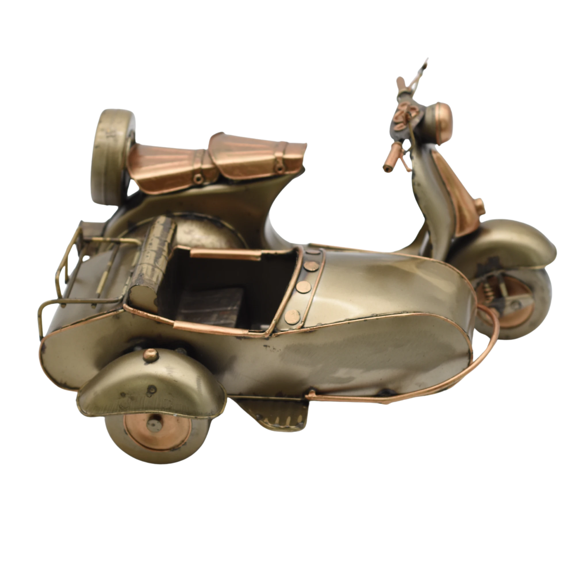 Miniaturmodel einer Vespa mit Beiwagen in Gold- und Bronzefarben – Bild 10