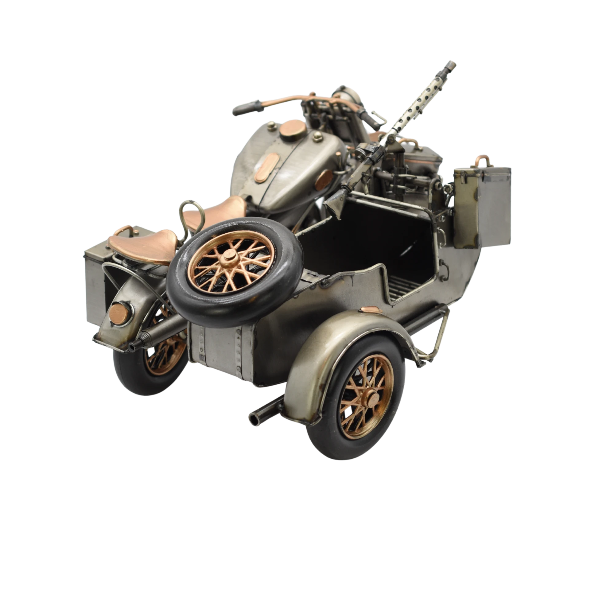 Bewaffnetes Miniaturmotorrad mit Beiwagen aus Zinn in Gold- und Bronzefarben – Bild 9