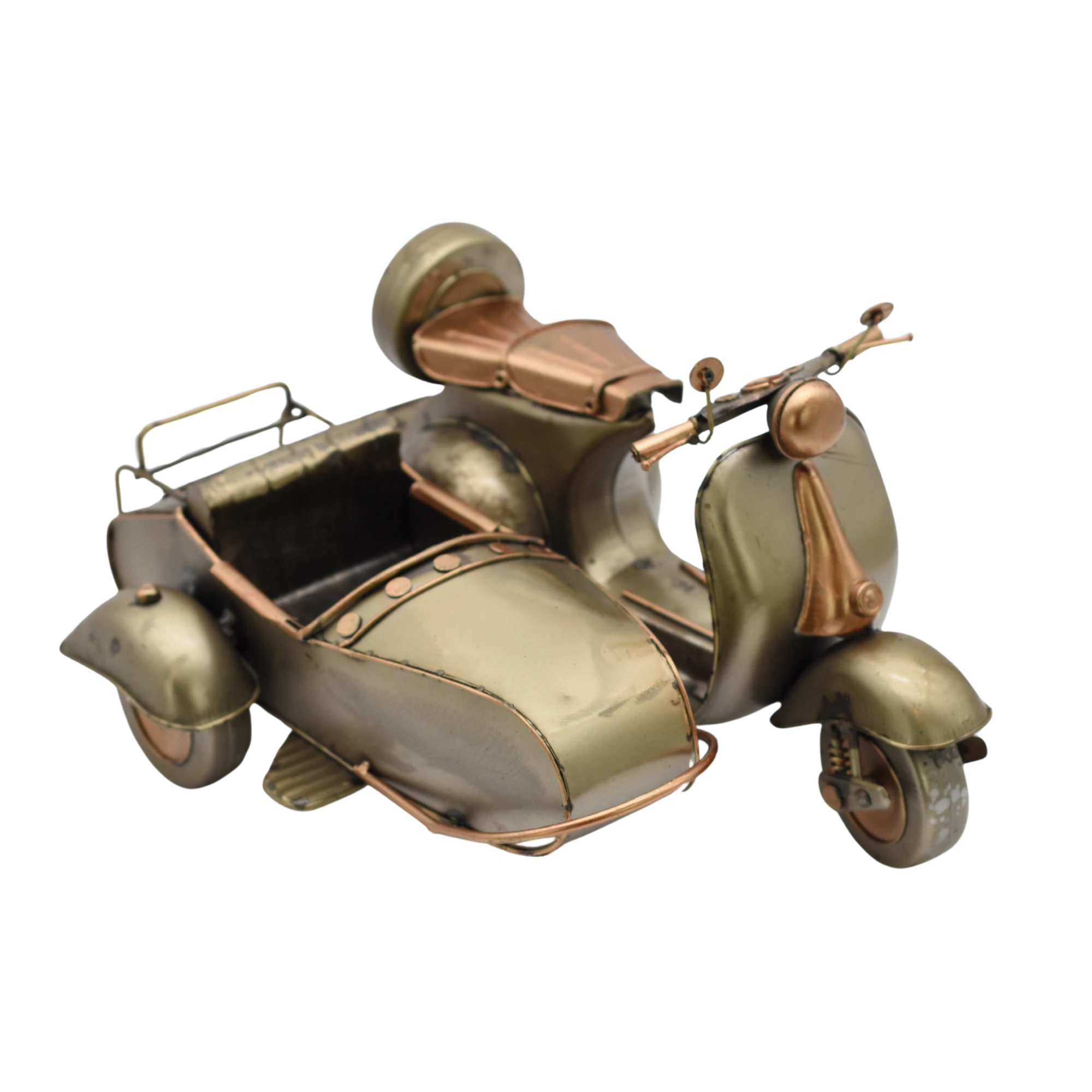 Miniaturmodel einer Vespa mit Beiwagen in Gold- und Bronzefarben – Bild 11