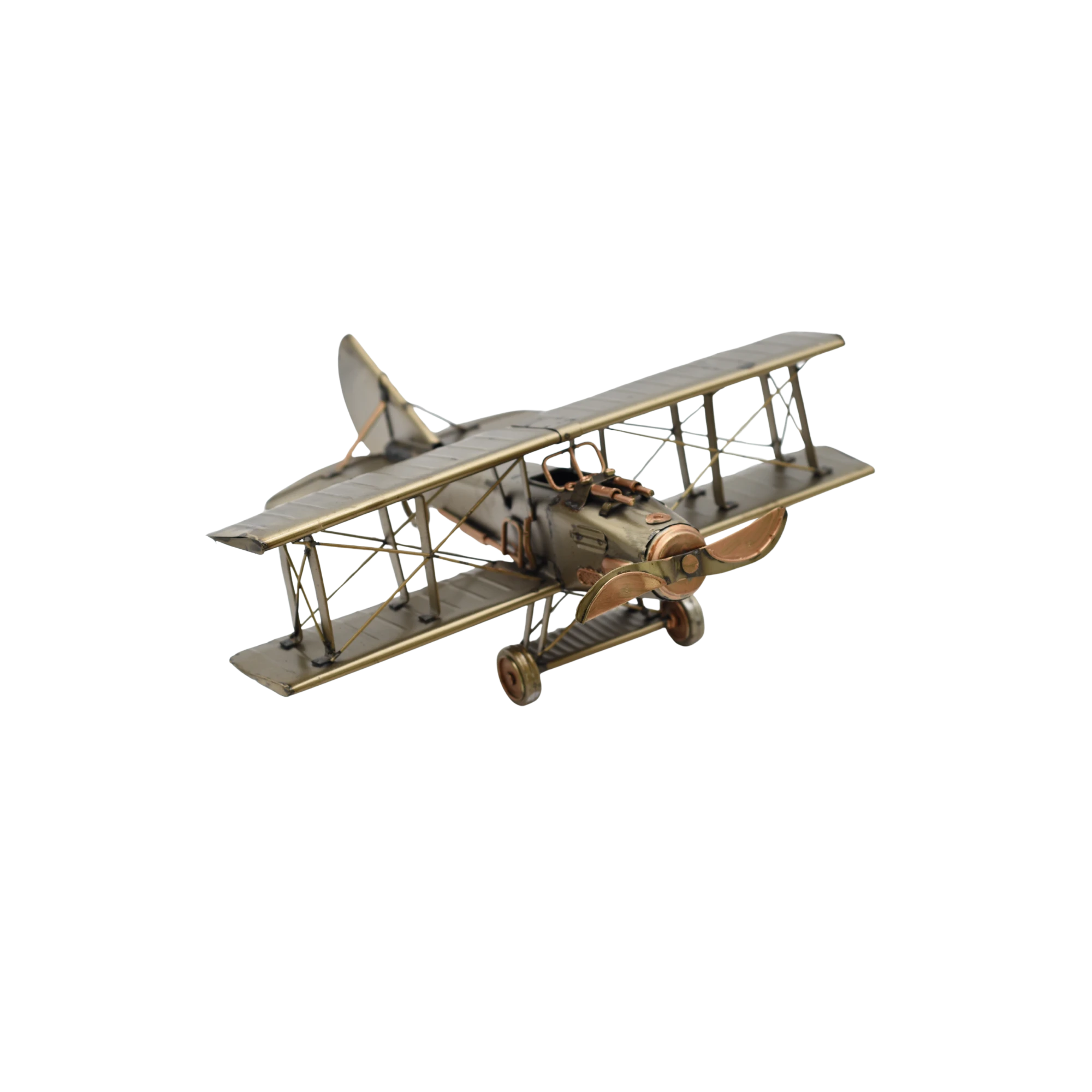 Miniaturmodel eines bewaffneten Doppeldeckerflugzeuge in Gold- und Bronzefarben – Bild 10