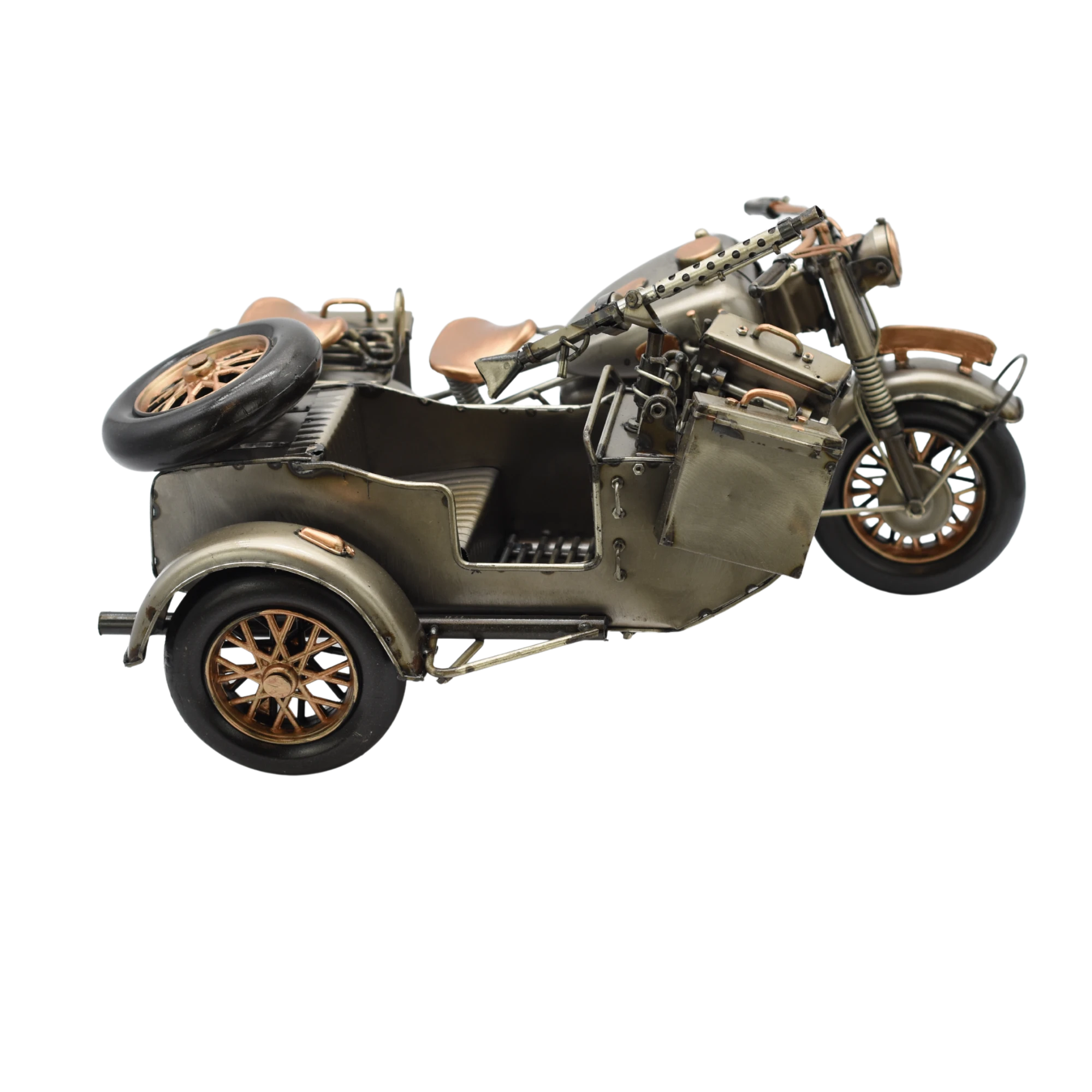 Bewaffnetes Miniaturmotorrad mit Beiwagen aus Zinn in Gold- und Bronzefarben – Bild 10