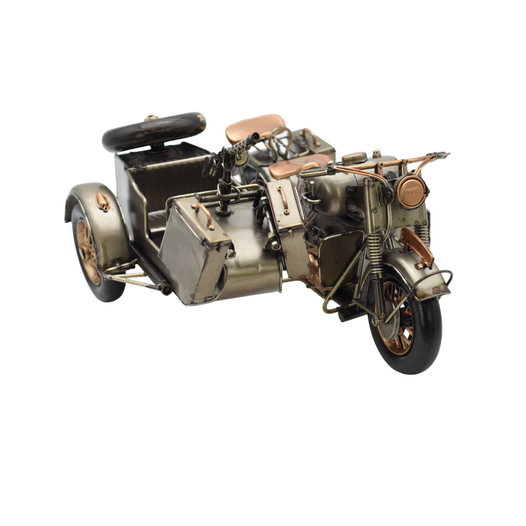 Bewaffnetes Miniaturmotorrad mit Beiwagen aus Zinn in Gold- und Bronzefarben – Bild 11