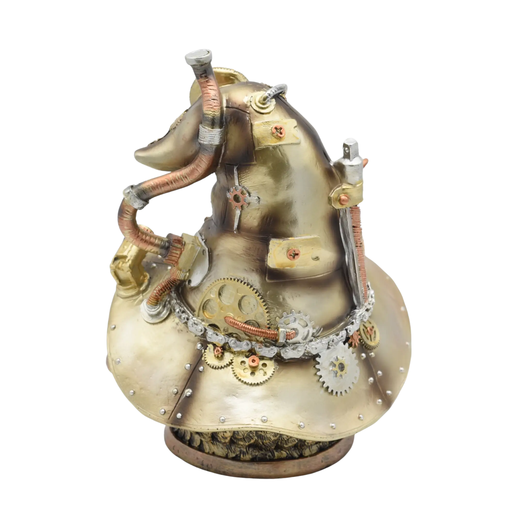 Eulenkopf aus Resin mit Zaubererhut voller Zahnräder, in Goldton – Bild 2