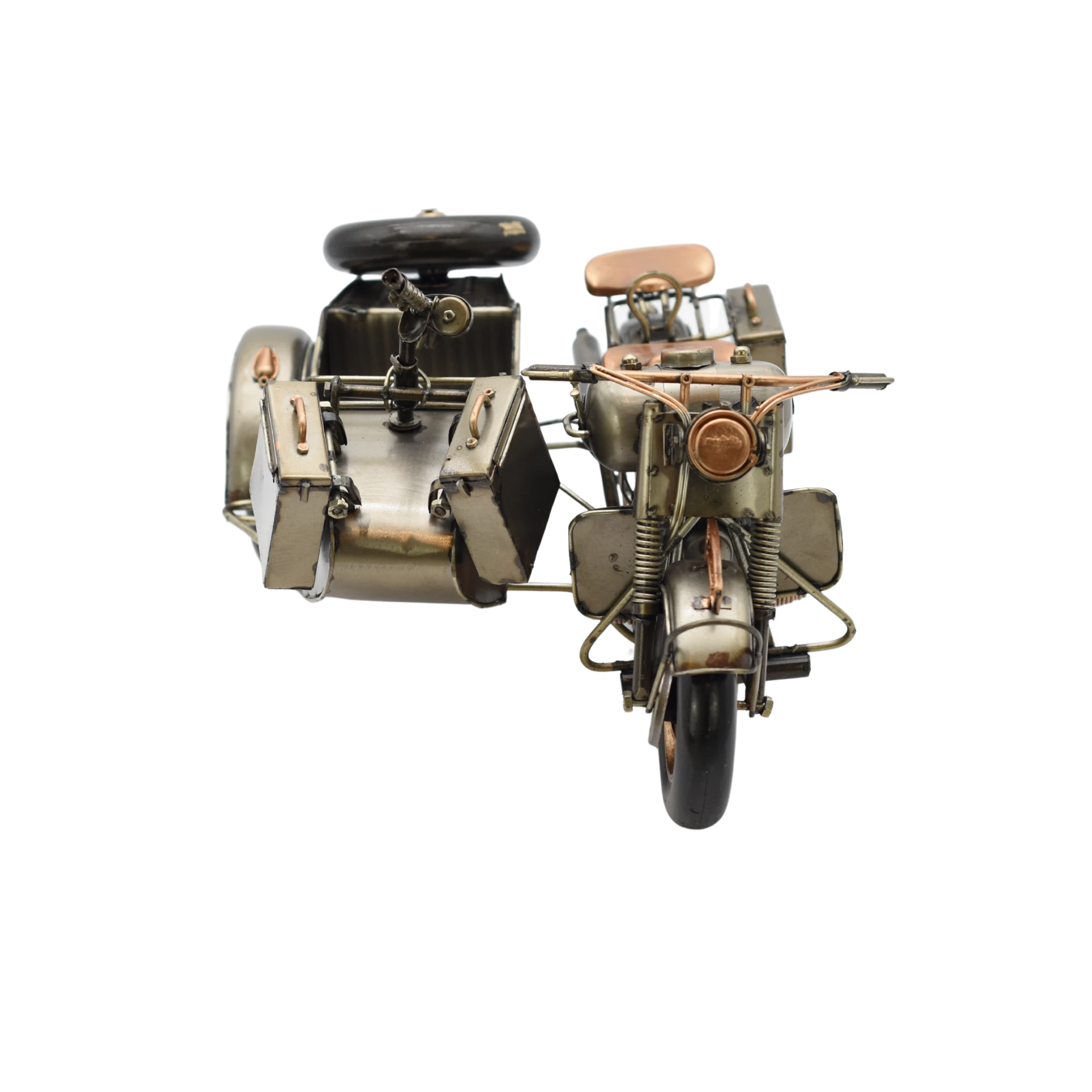 Bewaffnetes Miniaturmotorrad mit Beiwagen aus Zinn in Gold- und Bronzefarben – Bild 5