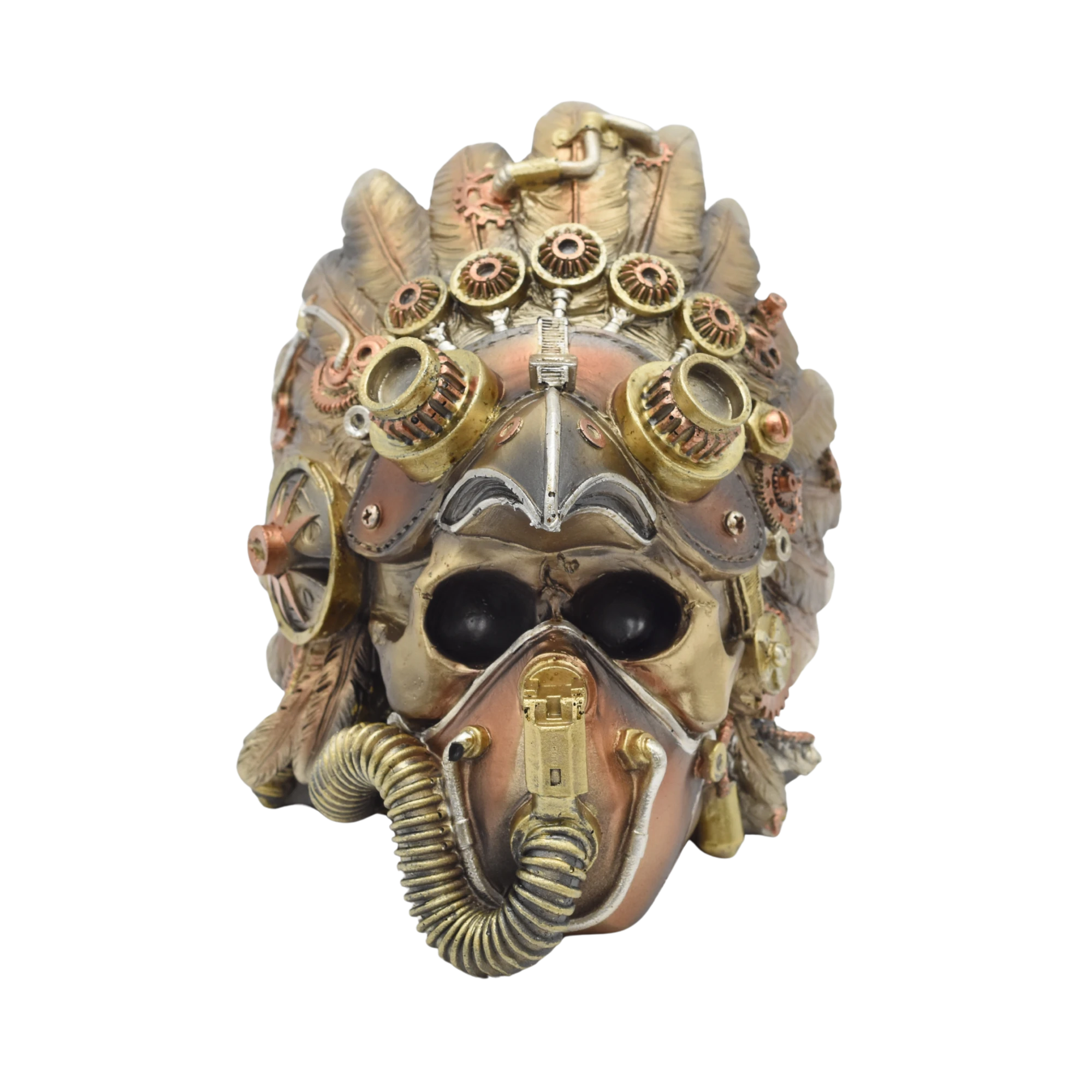 Totenschädel aus Resin mit Gasmaske und Häuptlingsschmuck – Bild 3