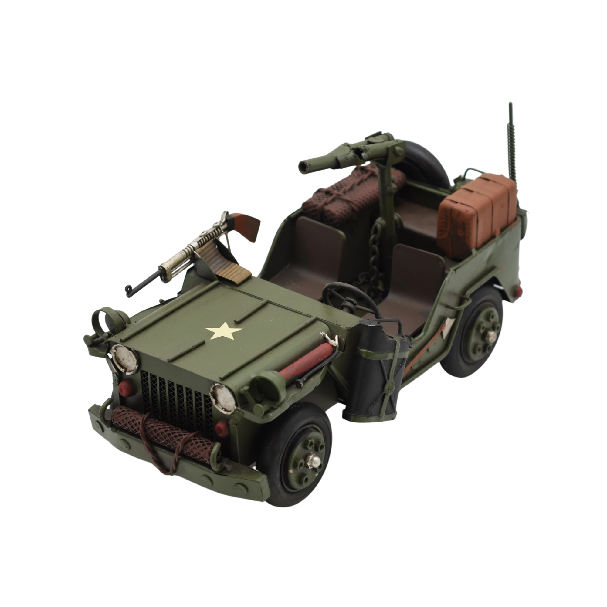 Offener Miniaturmilitärjeep aus Zinn mit Maschinengewehr