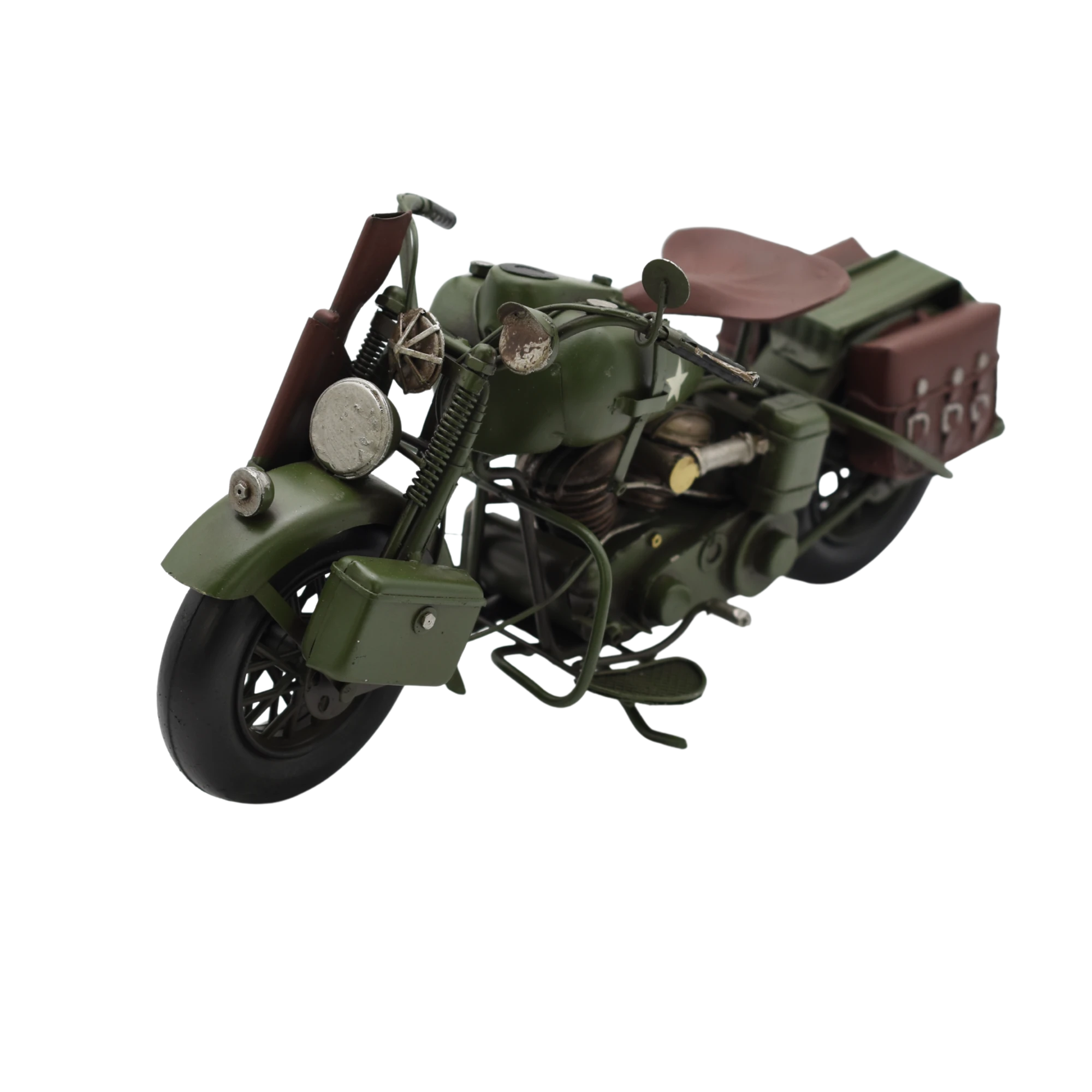 Miniaturmodel eines Militärmotorrads aus Zinn in Tarngrün