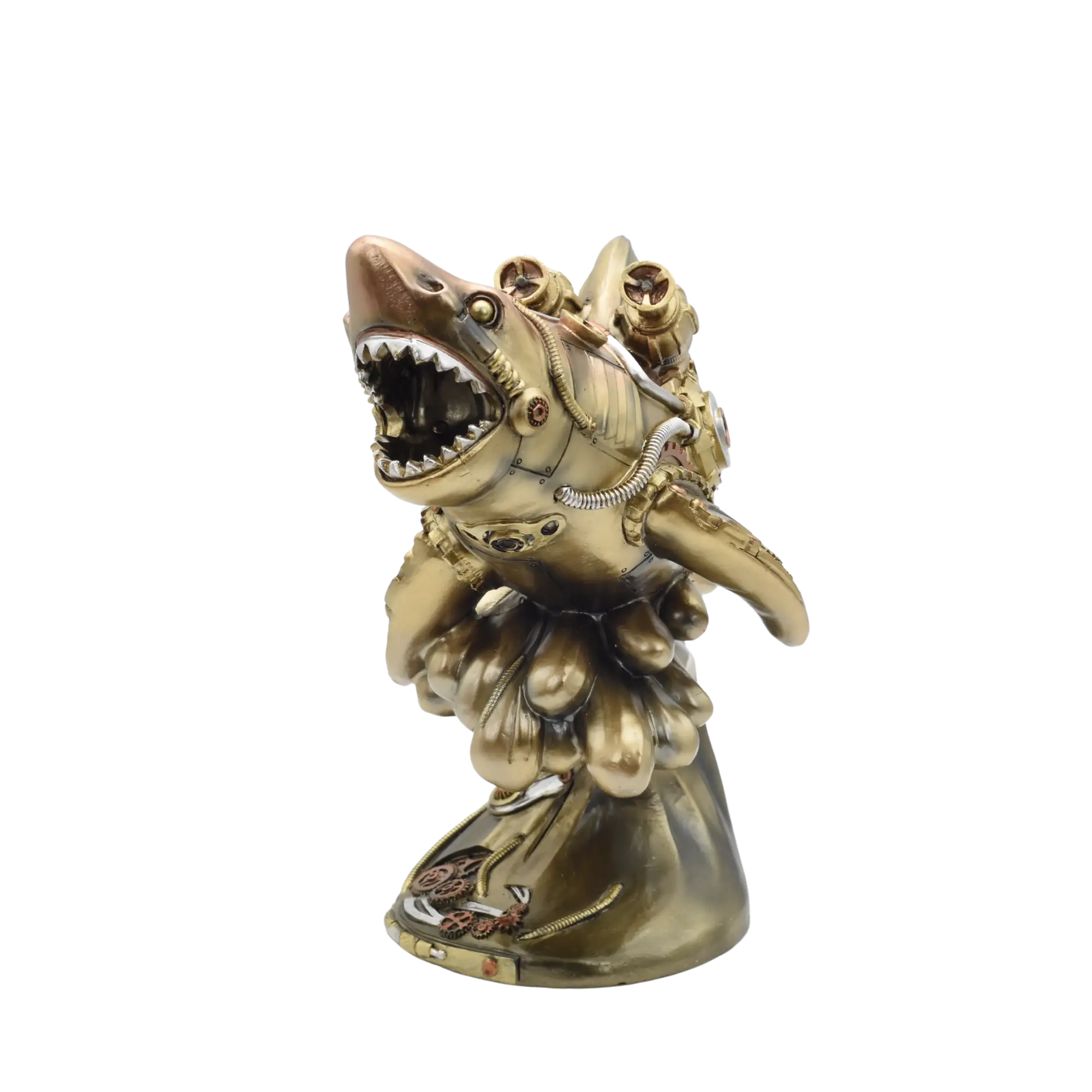 Steampunkhai aus Resin auf einer Welle