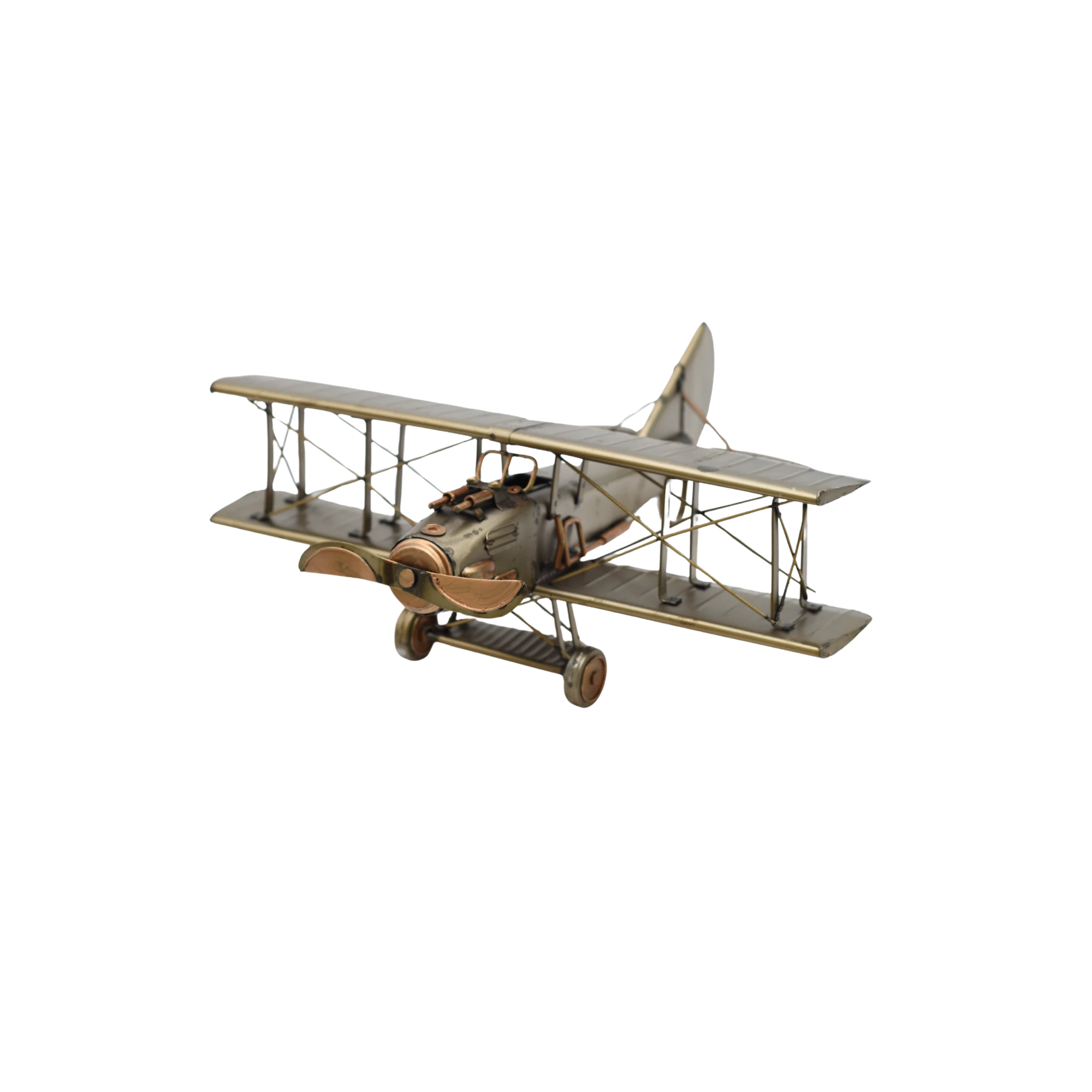 Miniaturmodel eines bewaffneten Doppeldeckerflugzeuge in Gold- und Bronzefarben