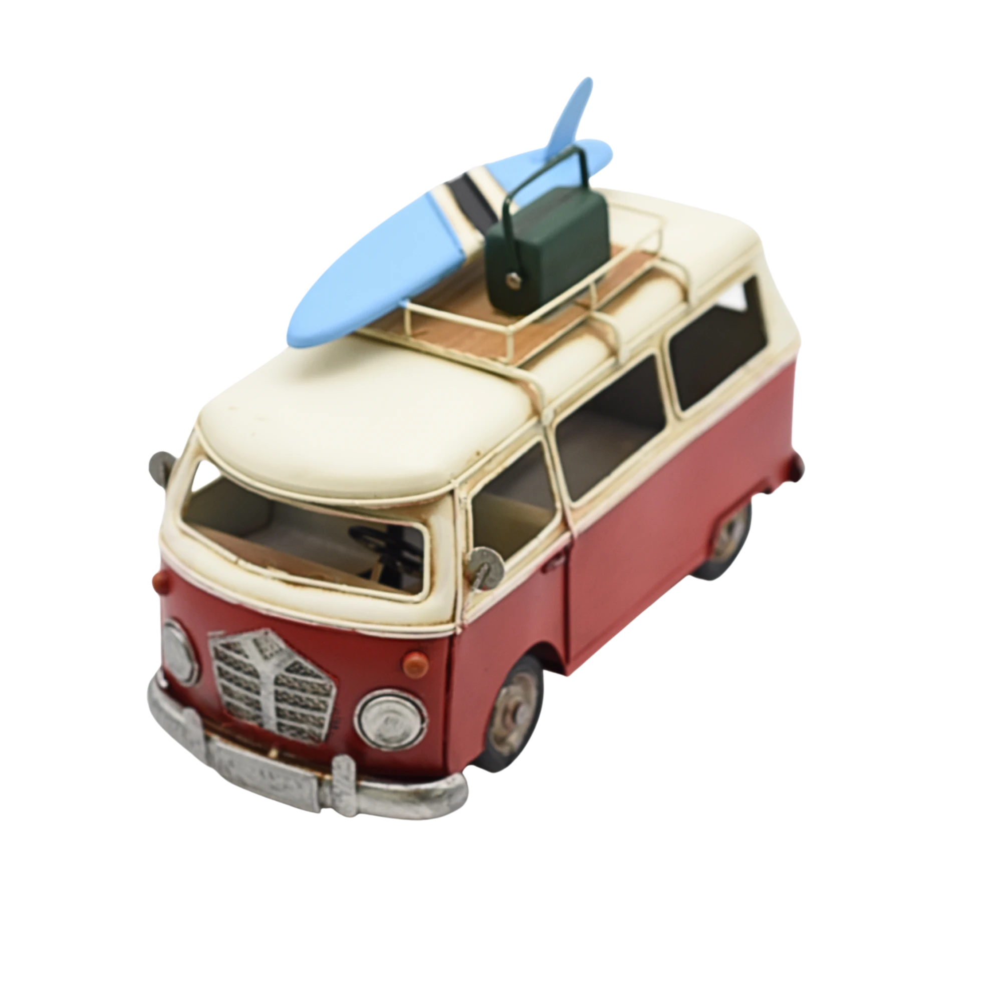 Miniaturmodel eines VW-Busses in Rot-Beige mit Koffer