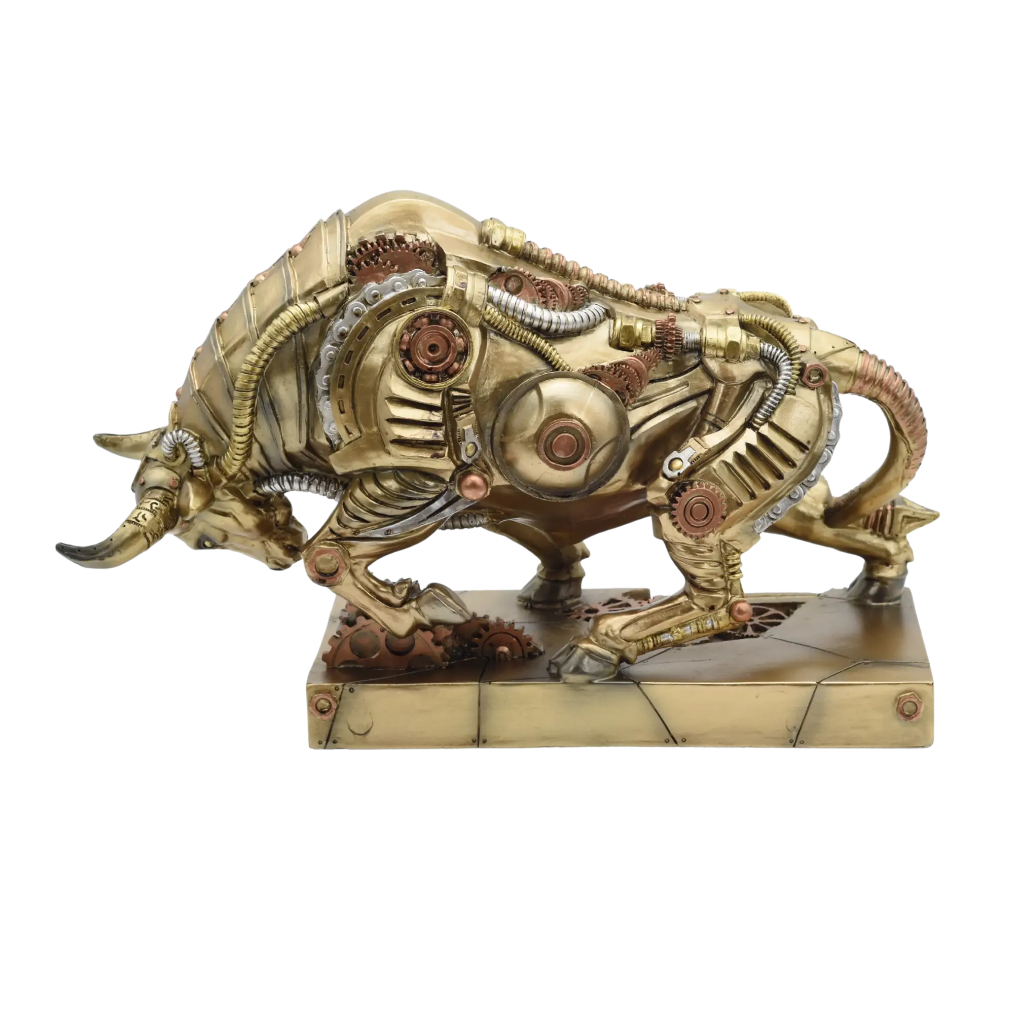 Steampunkstier mit gesenktem Haupt auf einem Sockel