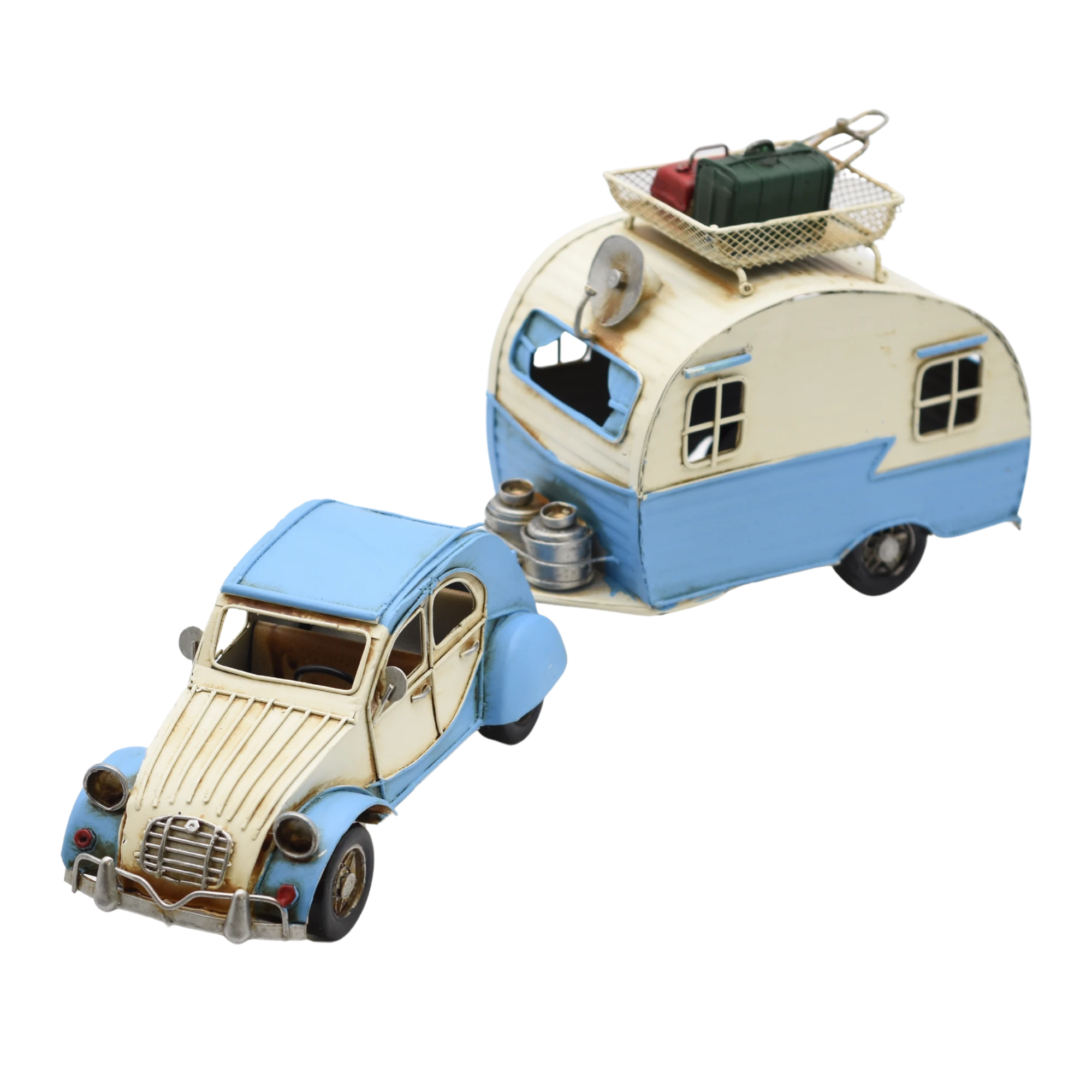 Miniaturmodel einer Ente von Citroën mit Wohnwagen in Hellblau