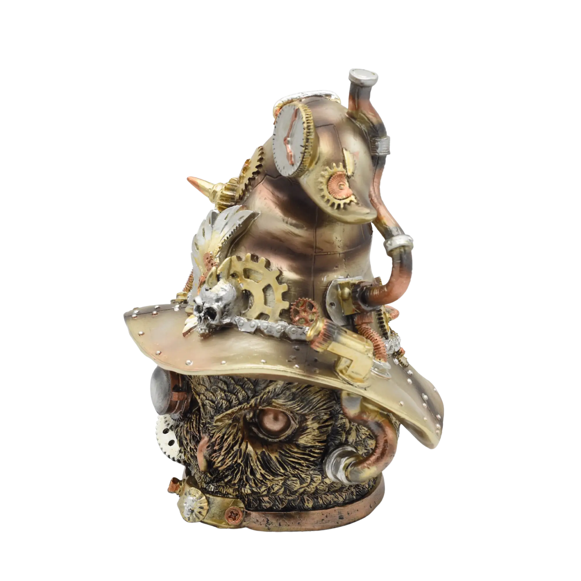 Eulenkopf aus Resin mit Zaubererhut voller Zahnräder, in Goldton – Bild 3